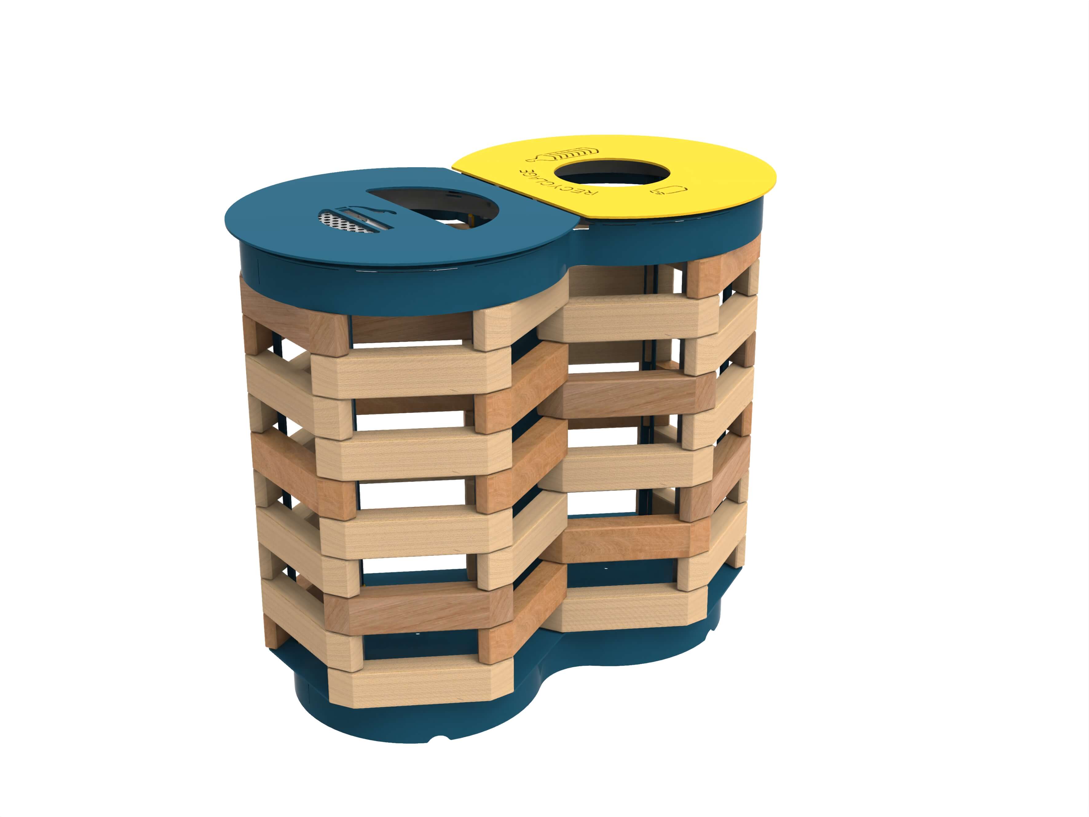 Poubelle de recyclage en deux parties en bois avec couvercles bleu et jaune pour le tri des déchets