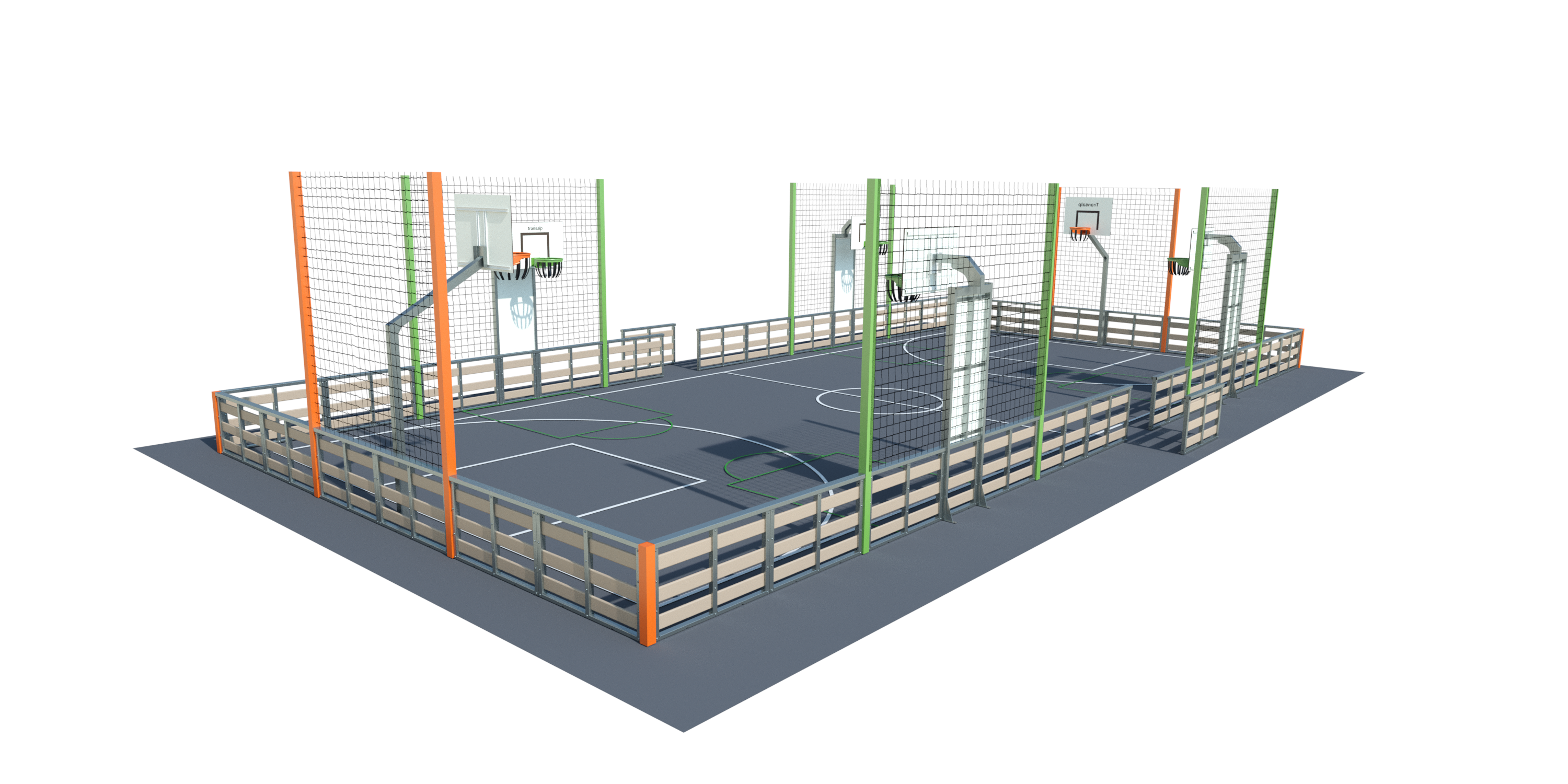 Vue d'un terrain de sport modulaire avec paniers de basket-ball et clôtures métalliques périphériques, adapté à différents sports.