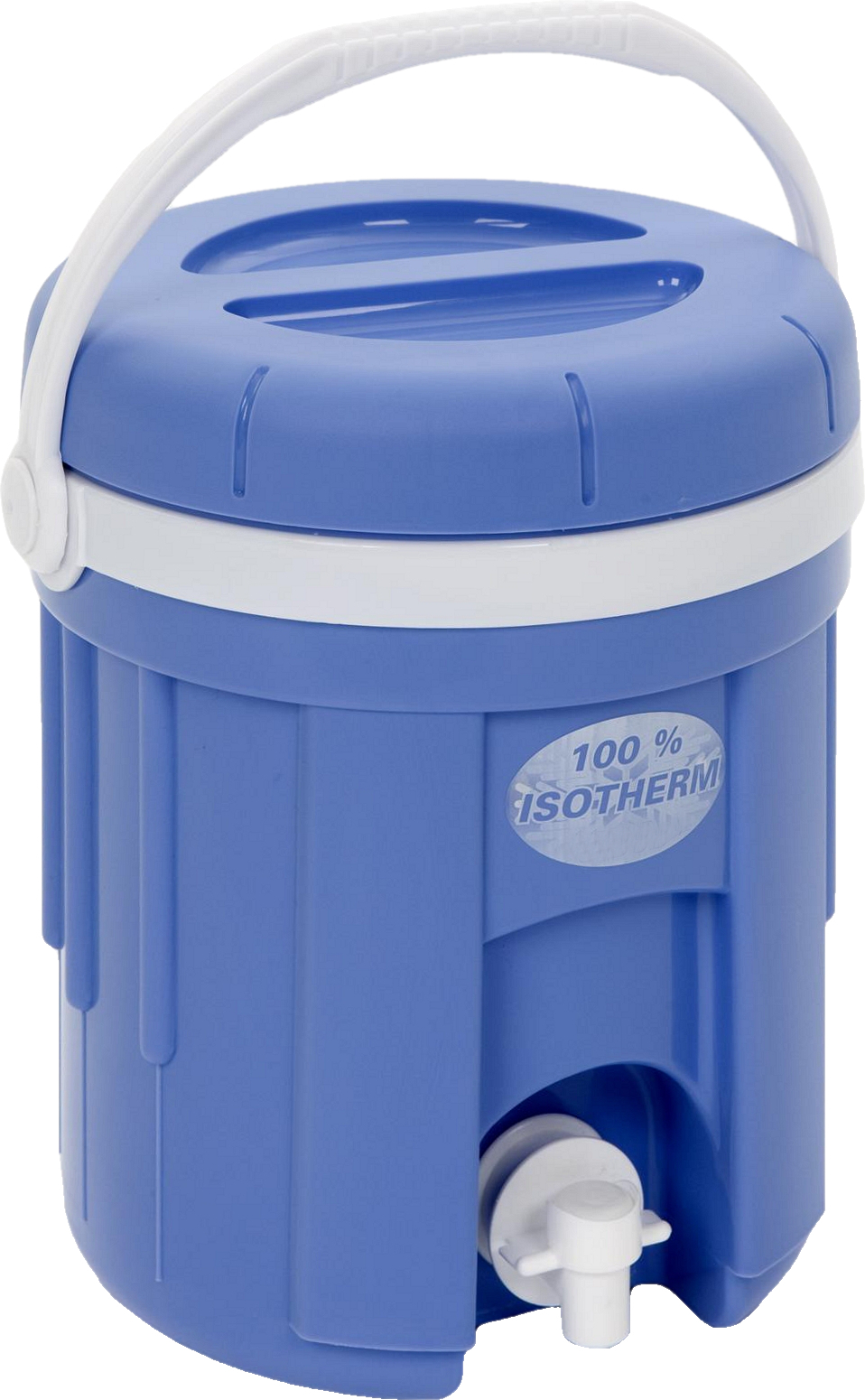 Ein blauer Isolierkanister mit Zapfhahn und weißem Tragegriff, der 100% isotherm ist. Ideal für kalte und warme Getränke.