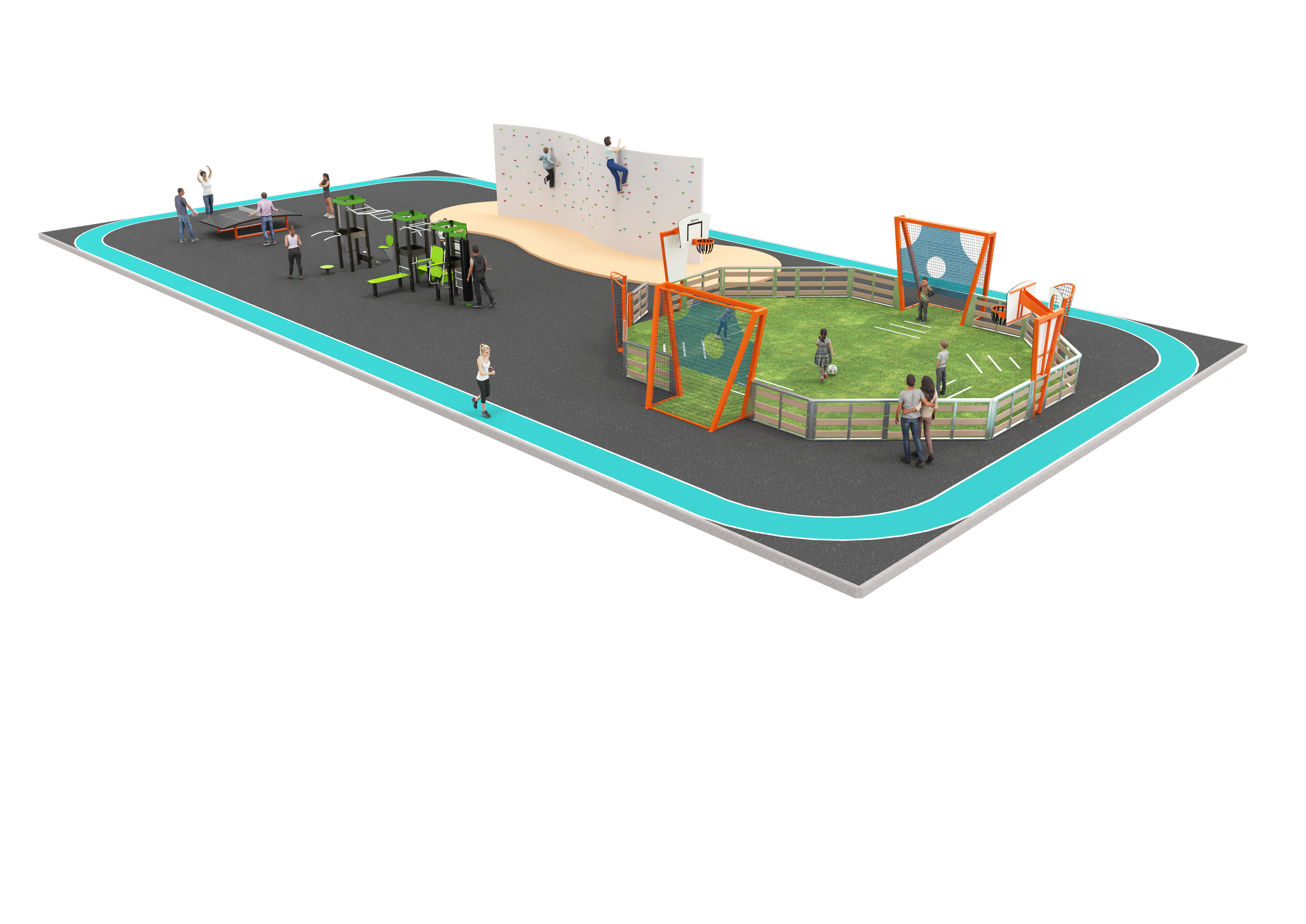 Illustration d'une installation sportive multifonctionnelle en plein air avec mur d'escalade, appareils de fitness, terrain de jeu et piste d'athlétisme périphérique