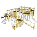 3D-Illustration einer modernen Kletteranlage für Kinder aus hellem Holz mit Rutschen und Kletterelementen
