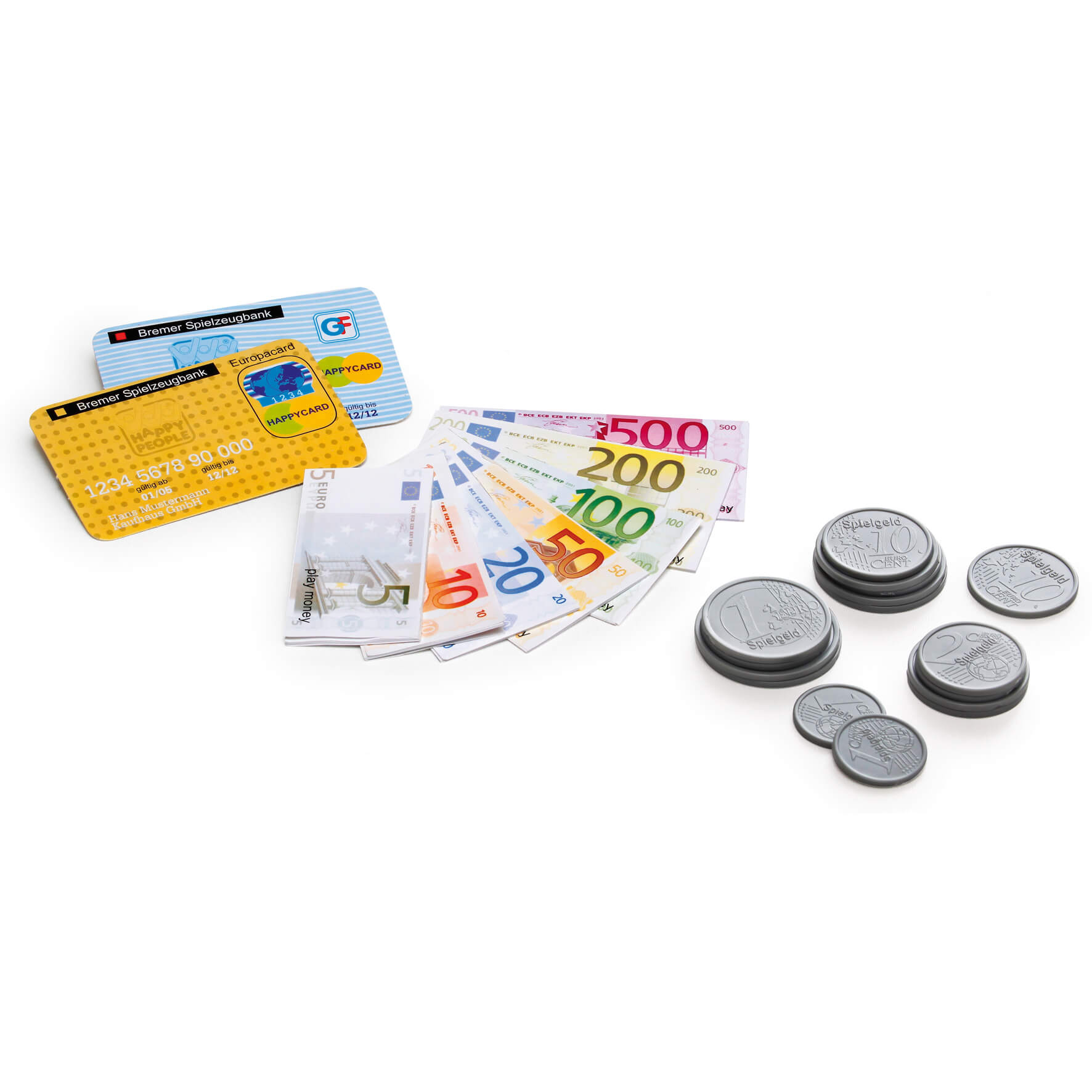 Abbildung eines Spielgeld-Sets mit Euro-Scheinen, Münzen und zwei Bankkarten für Kinder.
