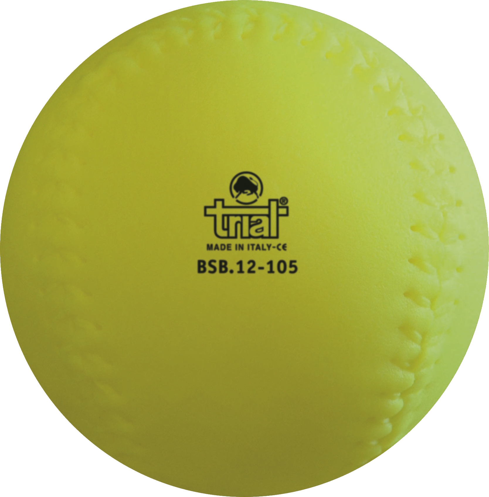 Leuchtend gelber Softball mit Logo und Seriennummer, ideal für sportliches Spiel