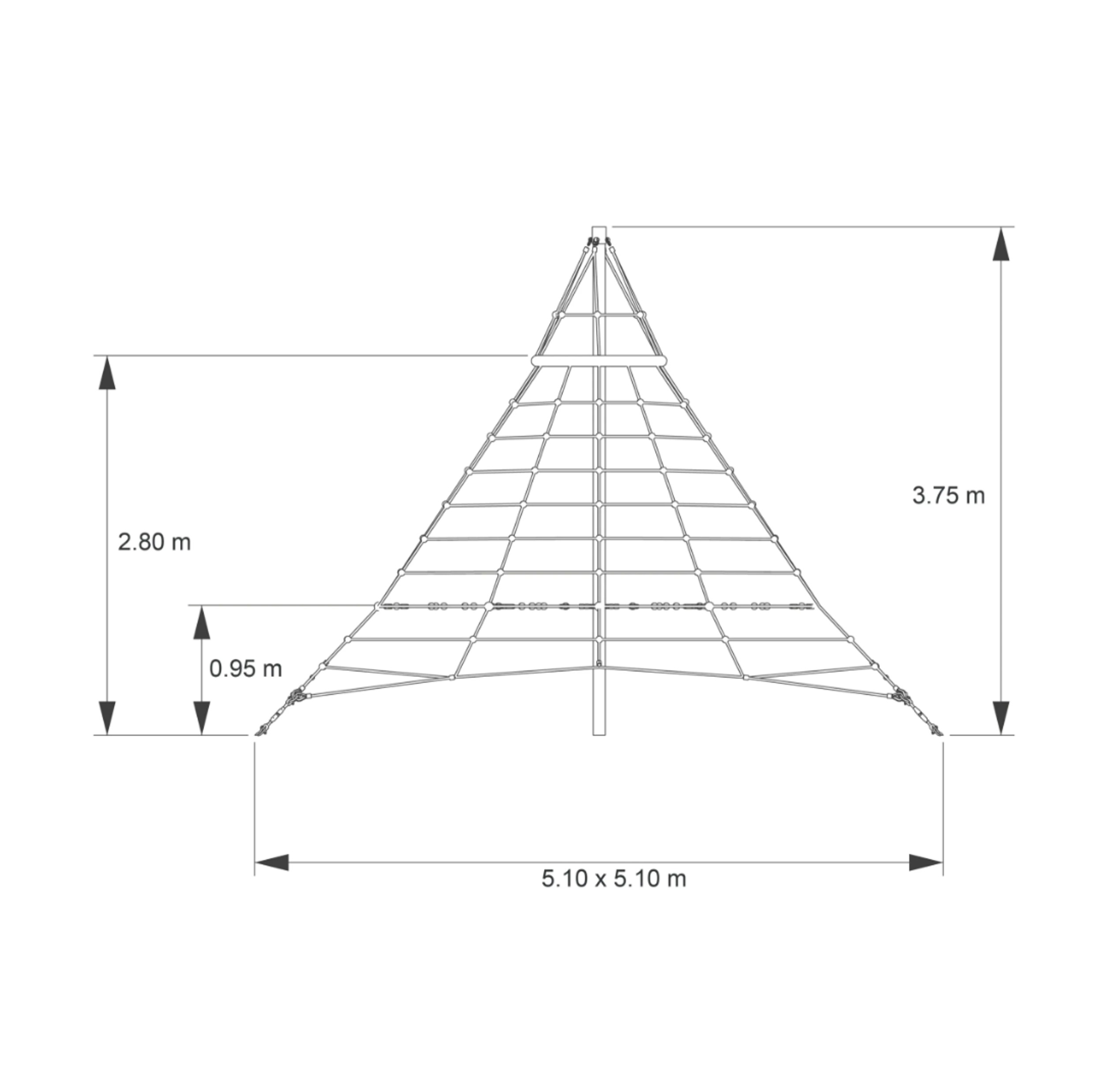 Technische Zeichnung einer Kletterpyramide aus Seil mit Gesamthöhe 3,75 m, Plattformhöhe 0,95 m und Grundfläche 5,10 x 5,10 m