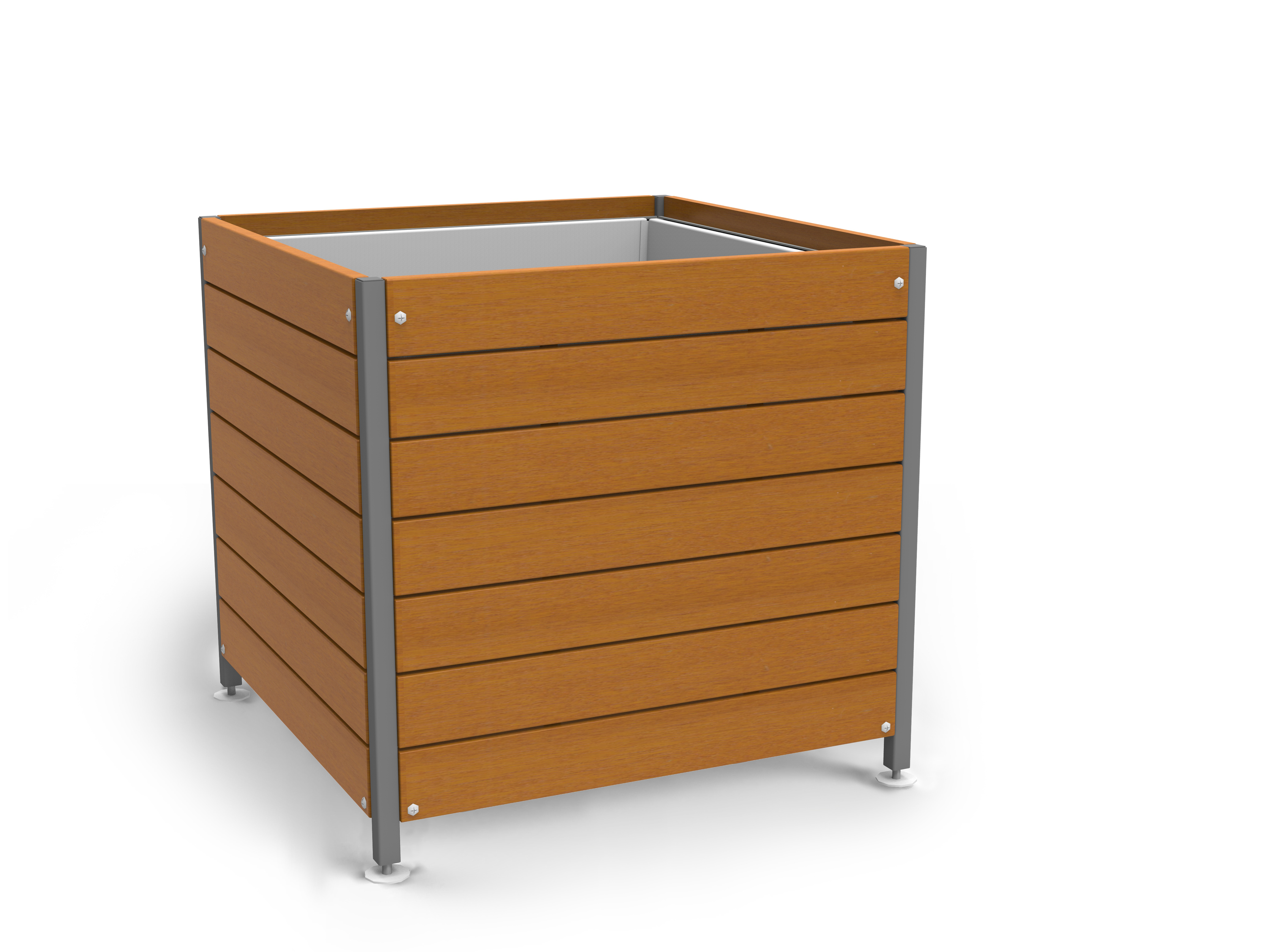 Ein quadratischer Blumenkasten aus Holzbrettern mit stabilem Metallrahmen, geeignet für Außengärten.