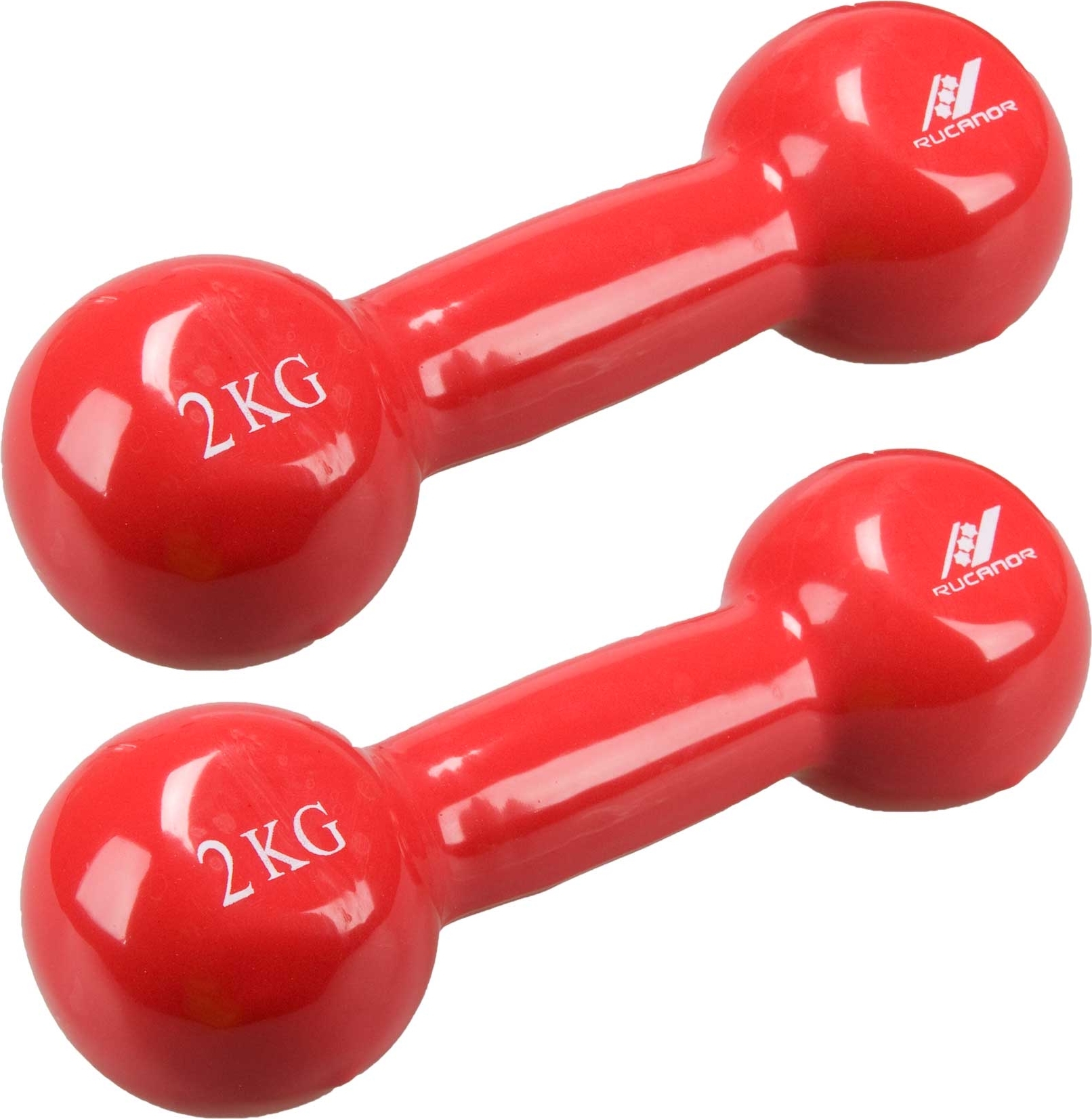 Zwei rote 2kg Hanteln auf weißem Hintergrund, ideal für Heimtraining und Fitnessübungen