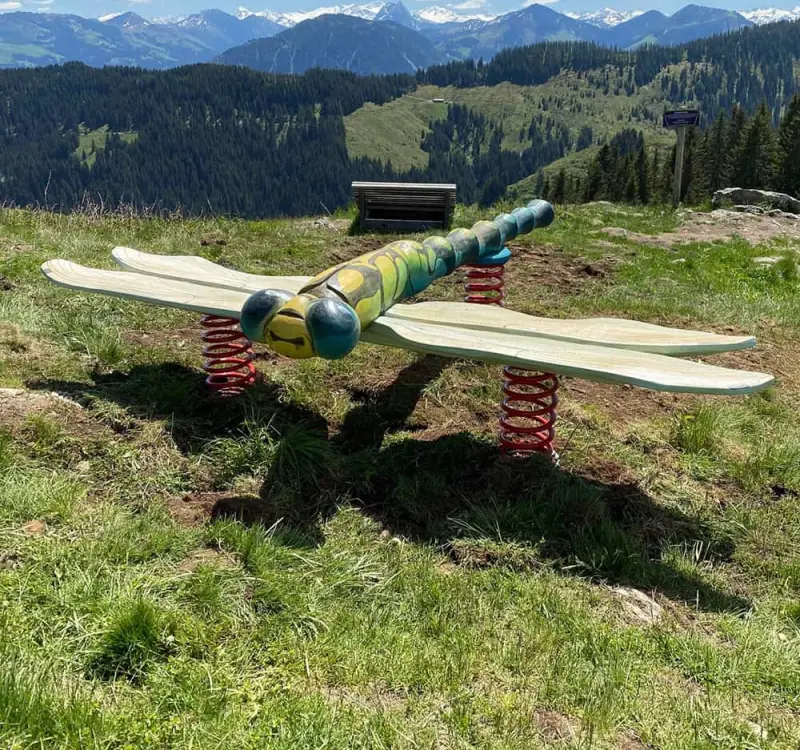 Eine farbenfrohe Wippe in Form einer Libelle mit roten Federn, platziert in einer malerischen Berglandschaft.
