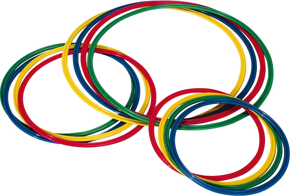 Eine Sammlung von farbigen Hula-Hoop-Reifen in Rot, Blau, Gelb und Grün