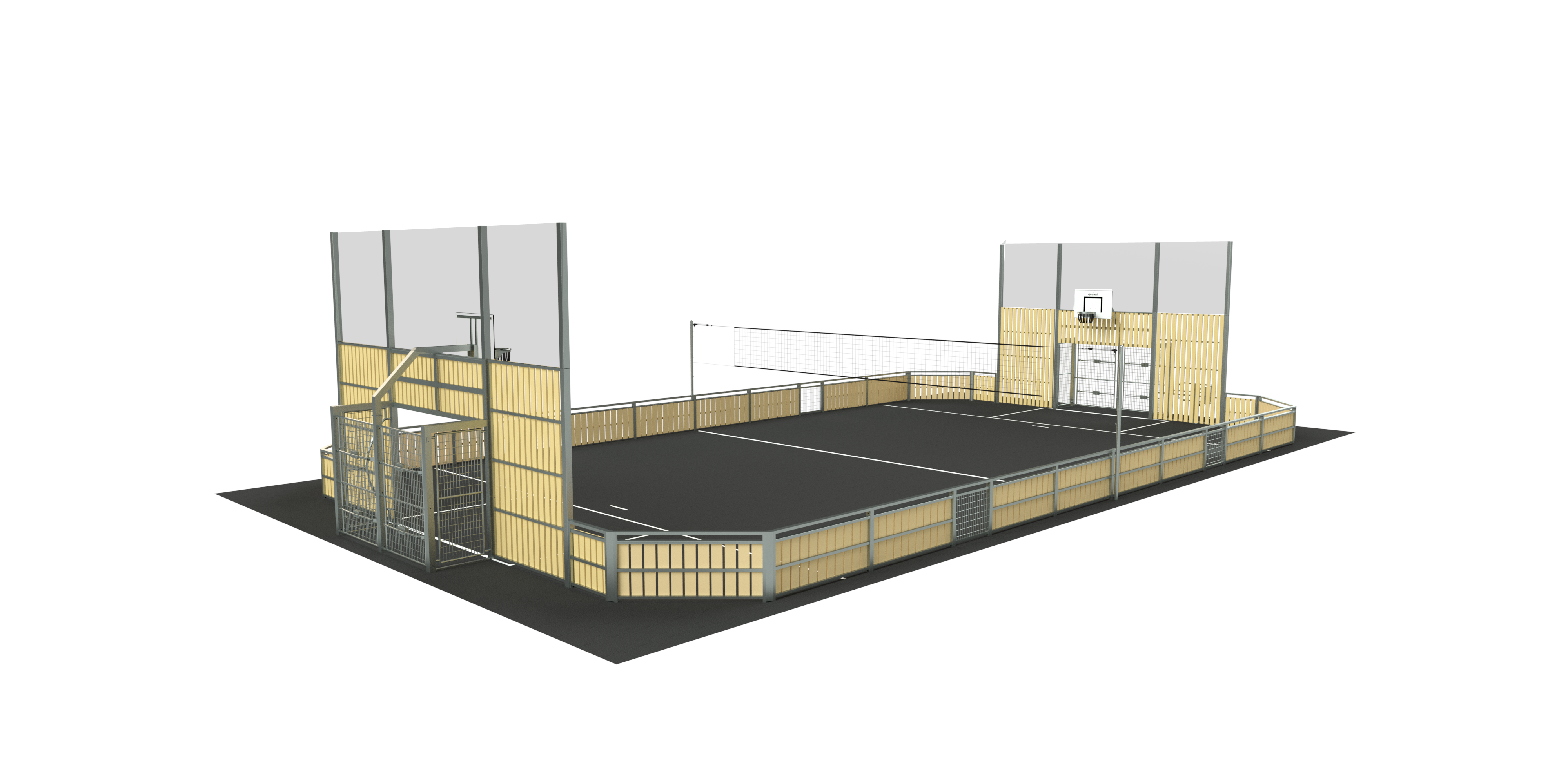 Représentation d'un terrain de sport multifonctionnel équipé d'un panier de basket et d'un Filet de volleyball sur un revêtement noir, entouré de clôtures en bois.