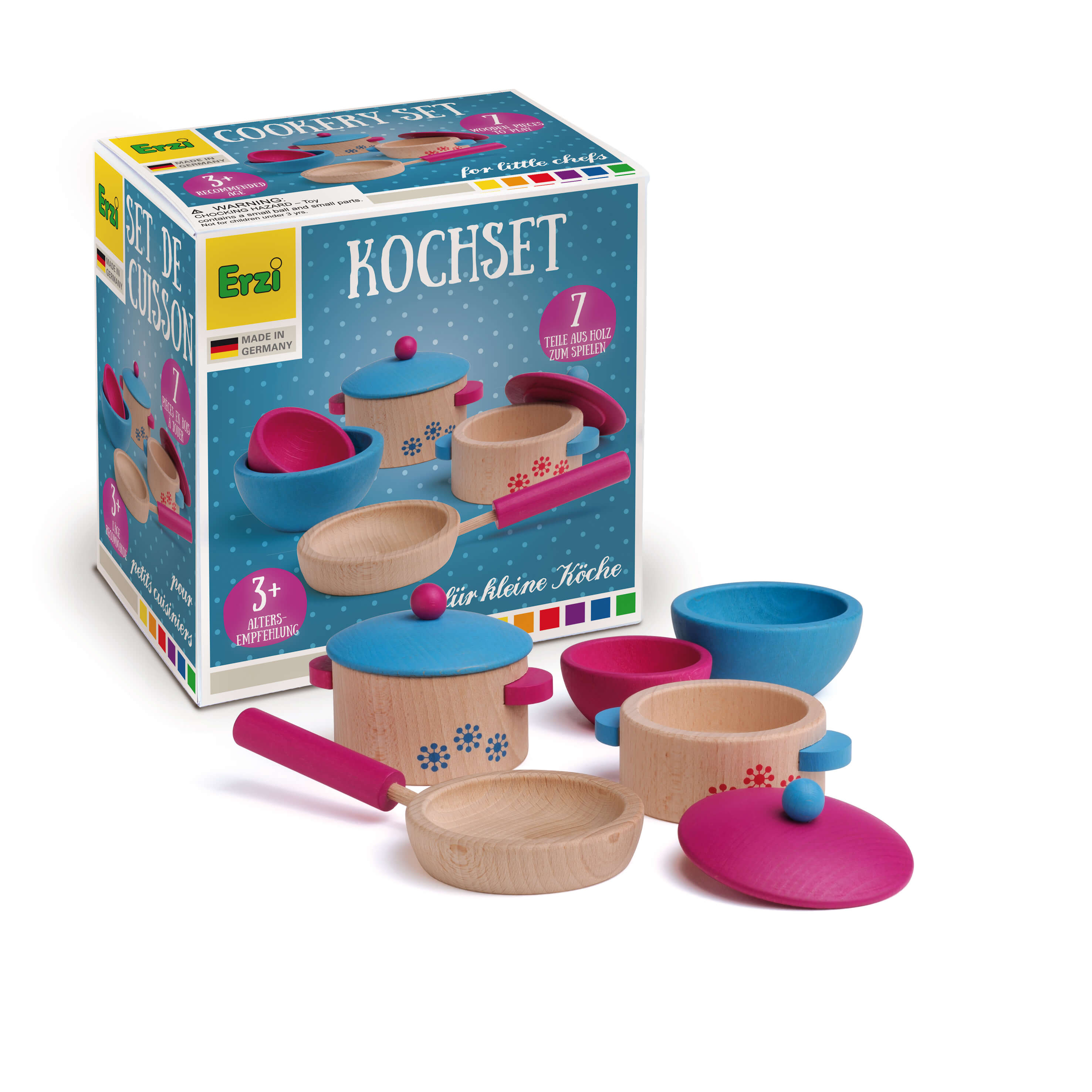 Erzi Set de cuisine en bois avec accessoires colorés, adapté aux enfants à partir de 3 ans, composé de 7 pièces pour jouer.