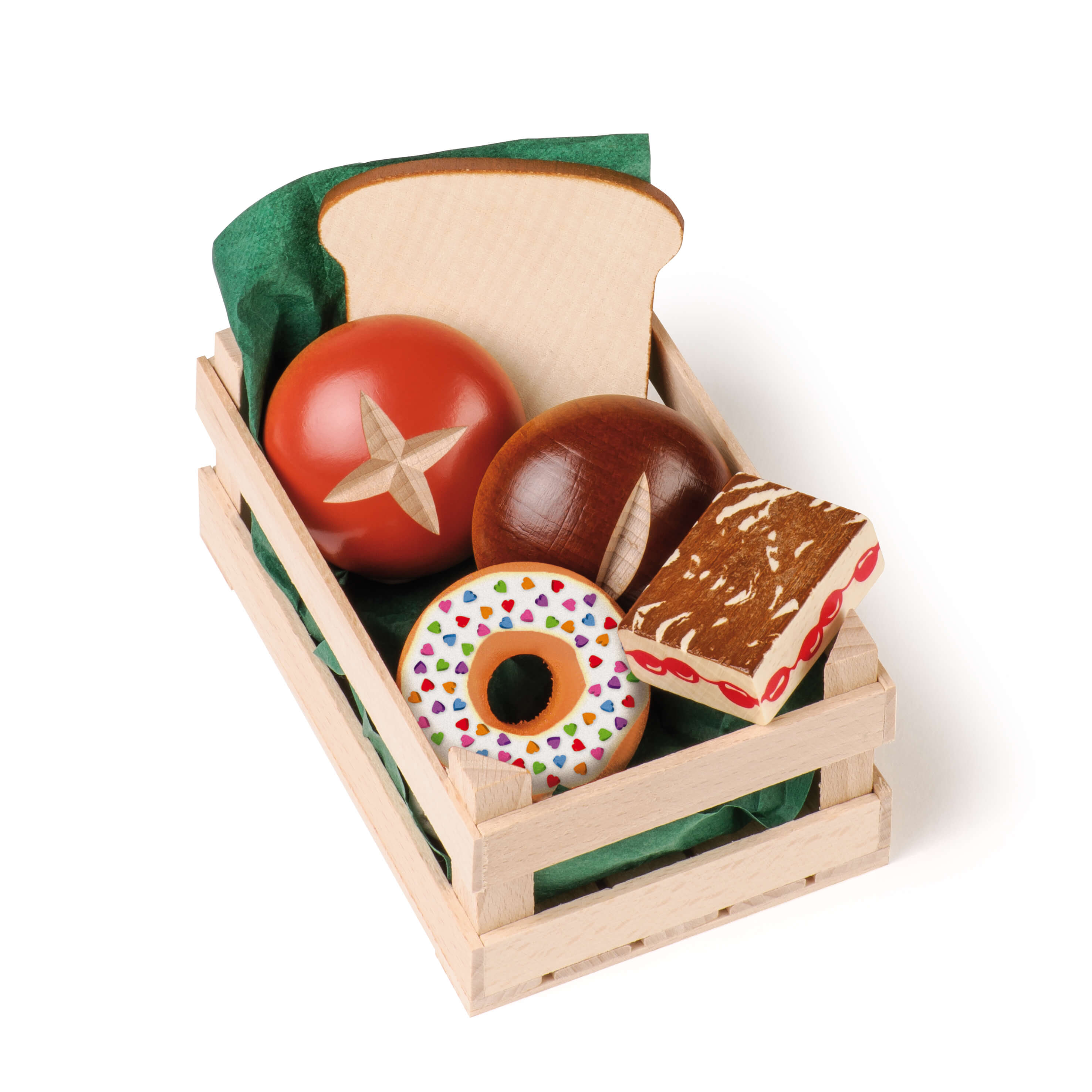 Ein Set aus Holzspielzeug-Lebensmitteln, einschließlich Brot, Tomate, Brötchen, Donut und Kuchen in einer Holzkiste.