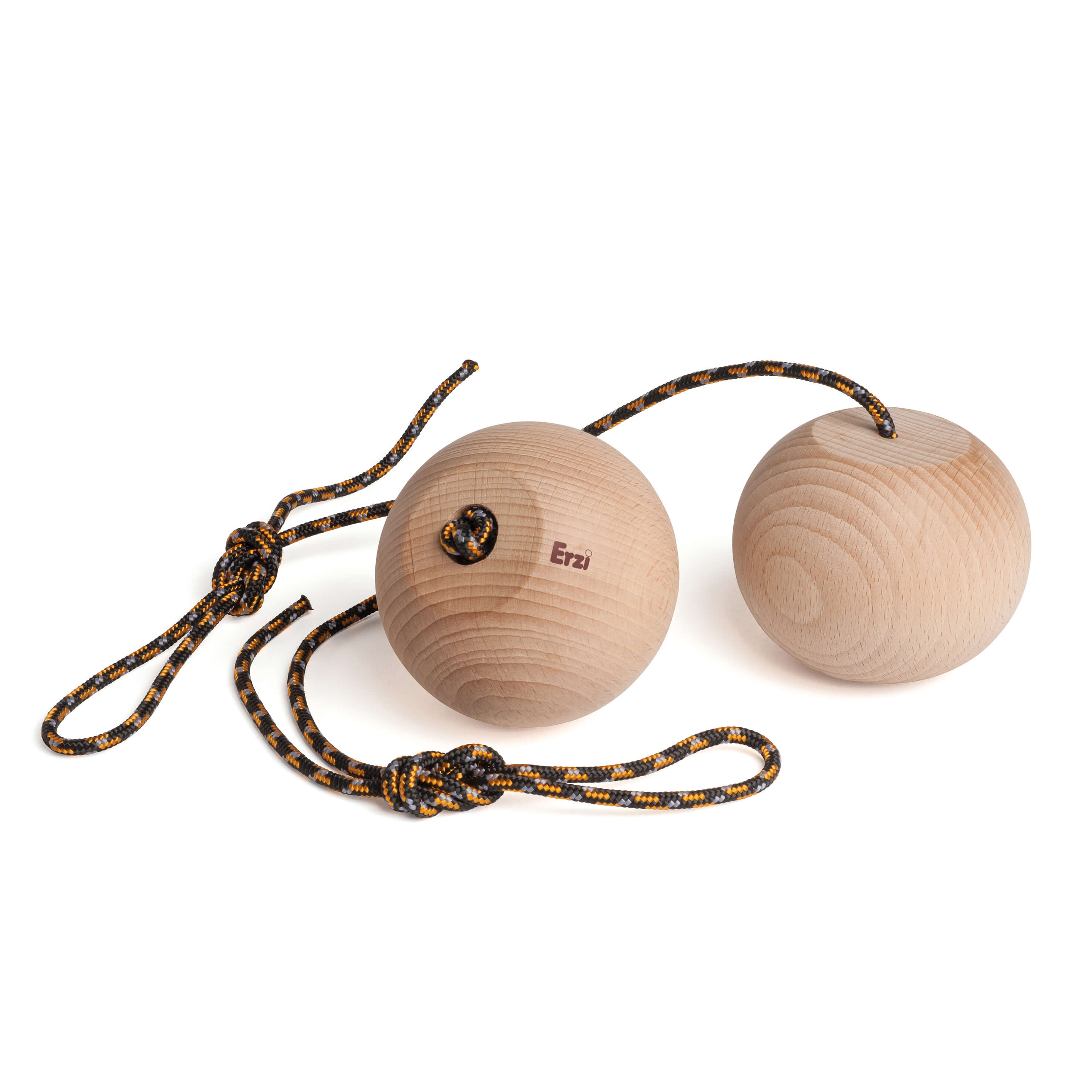 Deux boules en bois avec cordelette noire et orange pour l'entraînement à l'équilibre et à l'adresse