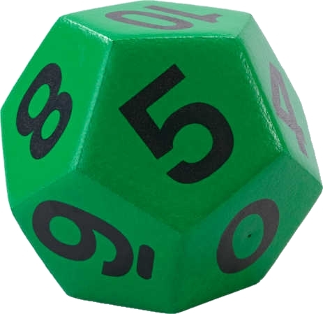 Grüner 12-seitiger Würfel mit schwarzen Zahlen, verwendet für Brettspiele und Rollenspiele