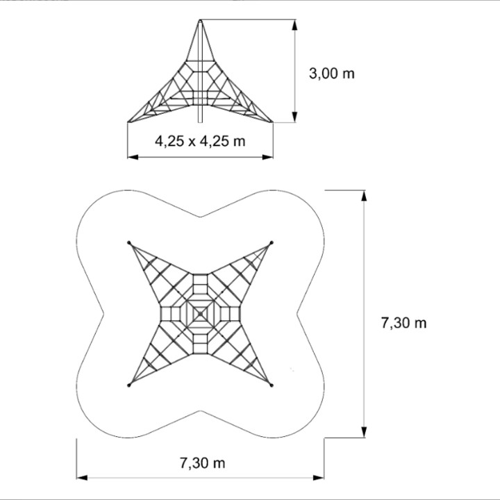 Technische Zeichnung einer quadratischen Kletterpyramide mit Seilnetz, Grundfläche 4,25 x 4,25 m, Höhe 3,00 m, benötigter Sicherheitsbereich 7,30 x 7,30 m