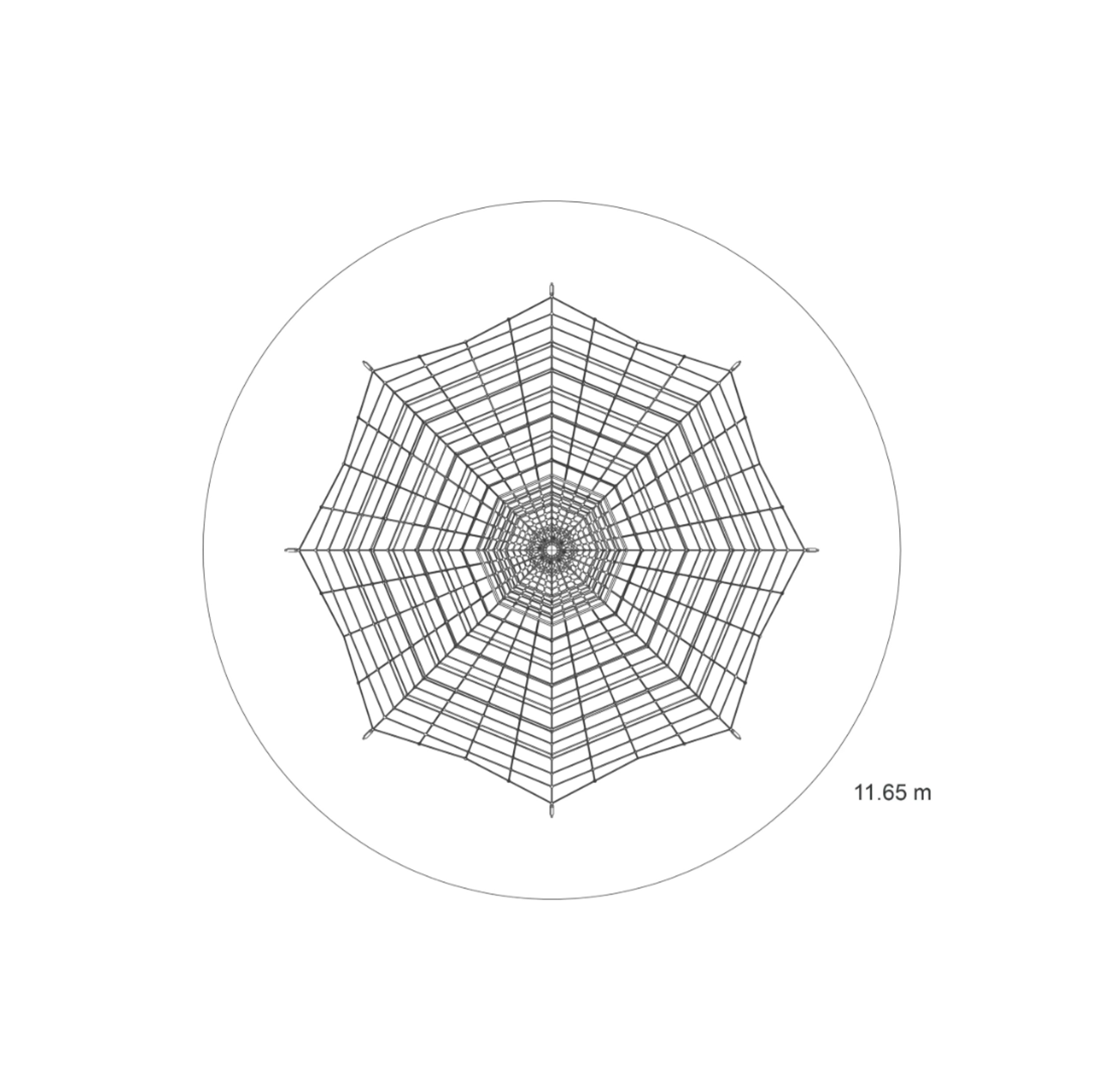 Technische Draufsicht der Kletterpyramide Typ 750-95 mit Netzboden von Ullman, runde Spielfläche 11,65 m mit komplexem Herkules-Seilnetz nach DIN EN 1176