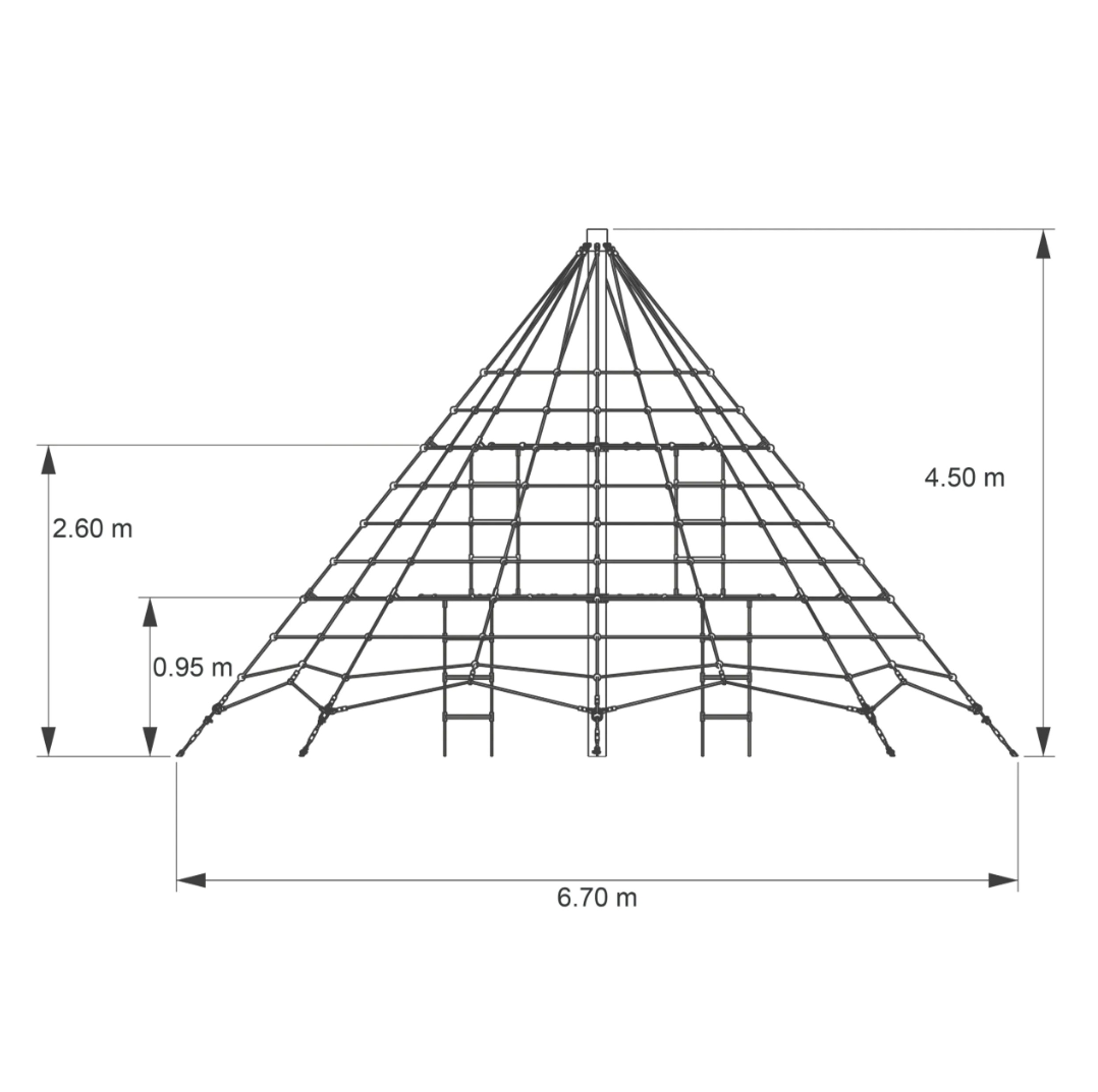 Technische Zeichnung der Ullman Kletterpyramide Typ 450-95 mit Herkules-Netz, Fallhöhe 95 cm, Höhe 4,50 m und Breite 6,70 m für öffentliche Spielplätze