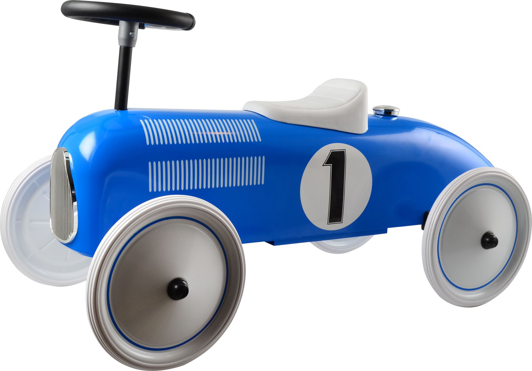 Blauer Kinder-Rutscher im Retro-Rennwagen-Design mit Nummer 1