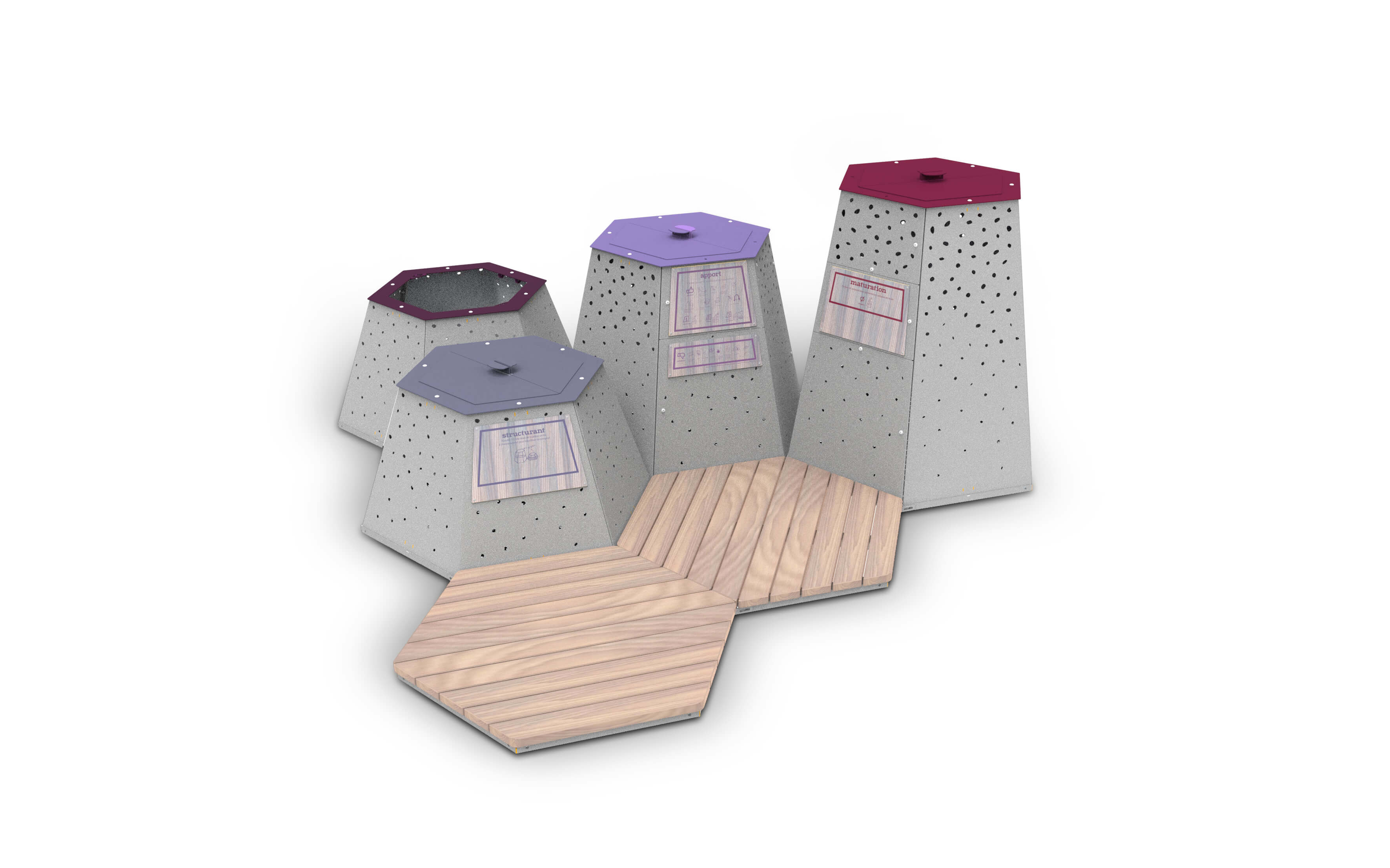 Un groupe de sièges modulaires en bois et métal au design hexagonal, idéal pour un aménagement flexible de l'espace.