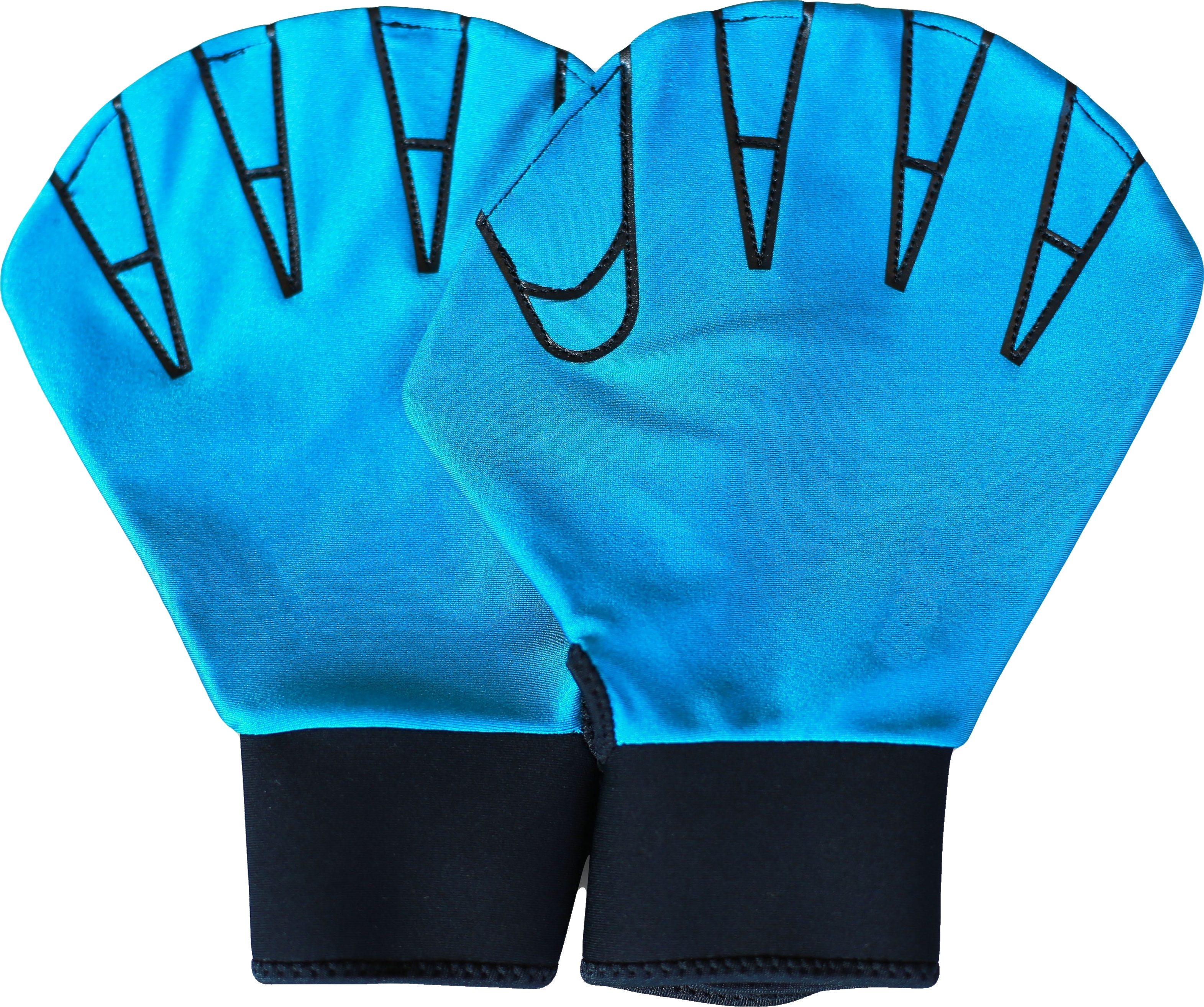 Ein Paar blaue Neopren-Wassersporthandschuhe mit schwarzen Handgelenkstützen, ideal für Schwimmen und Tauchen