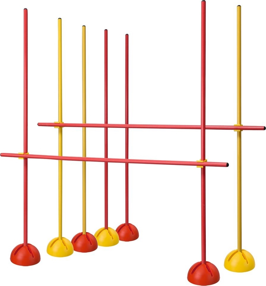Set de barres avec des barres et des bases rouges et jaunes, idéal pour l'entraînement d'agility