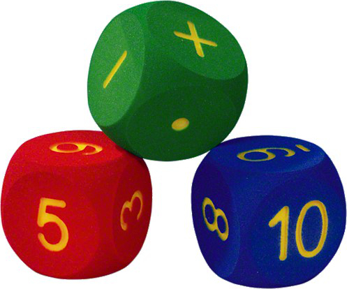 Trois grands cubes colorés avec des chiffres et des symboles représentés en vert, rouge et bleu