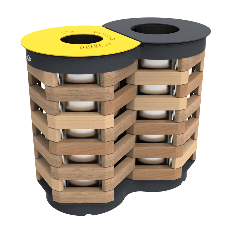 Poubelle stylée en bois et métal avec couvercle jaune et noir pour le recyclage