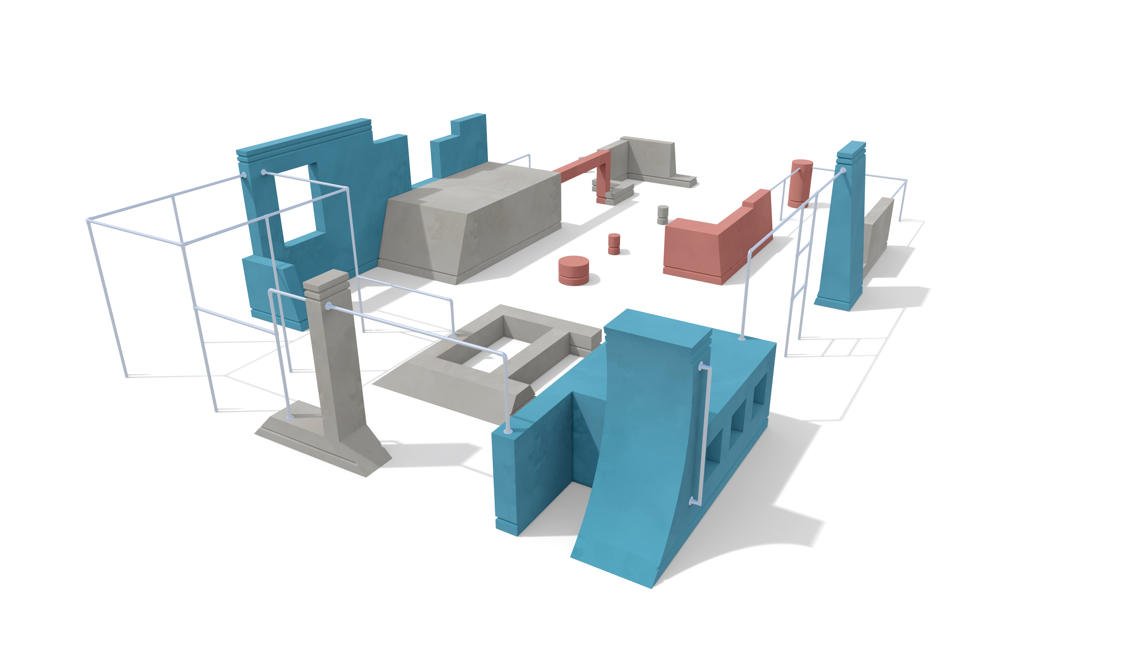 Parkour-Park moderne avec différents obstacles dans les tons bleus, rouges et gris pour un entraînement et un mouvement diversifiés