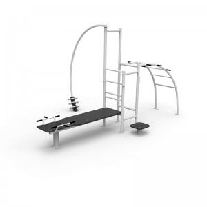 Multifunktionale Outdoor-Fitnessstation mit Klimmzugstangen, Bank und Leitern für effektives Ganzkörpertraining im Freien.