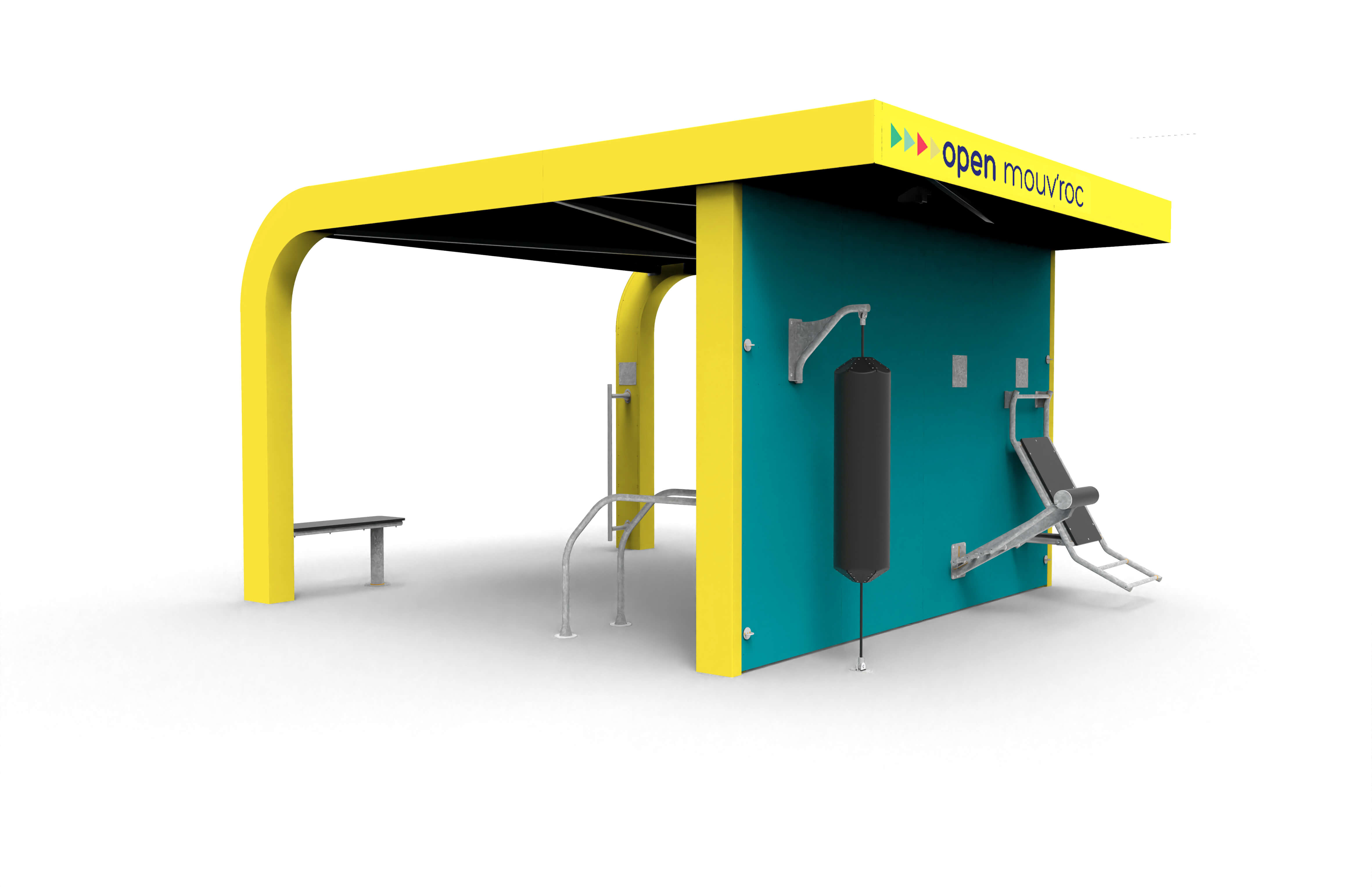 Modulares Outdoor-Fitnessgerät mit gelbem Dach, türkiser Wand und Fitnessgeräten wie einem Boxsack, ideal für öffentliche Räume
