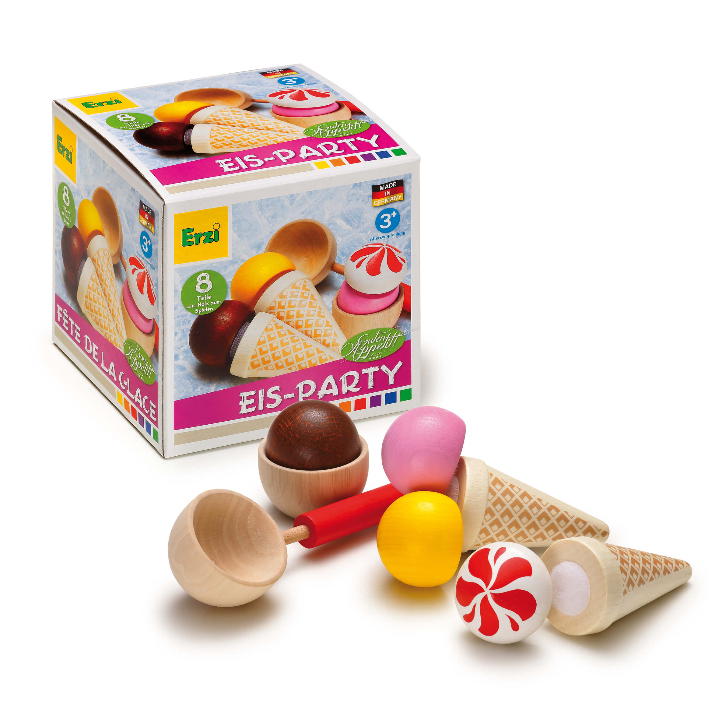 Ensemble de jouets en bois de Erzi pour les enfants à partir de 3 ans avec des gaufres glacées et des boules.