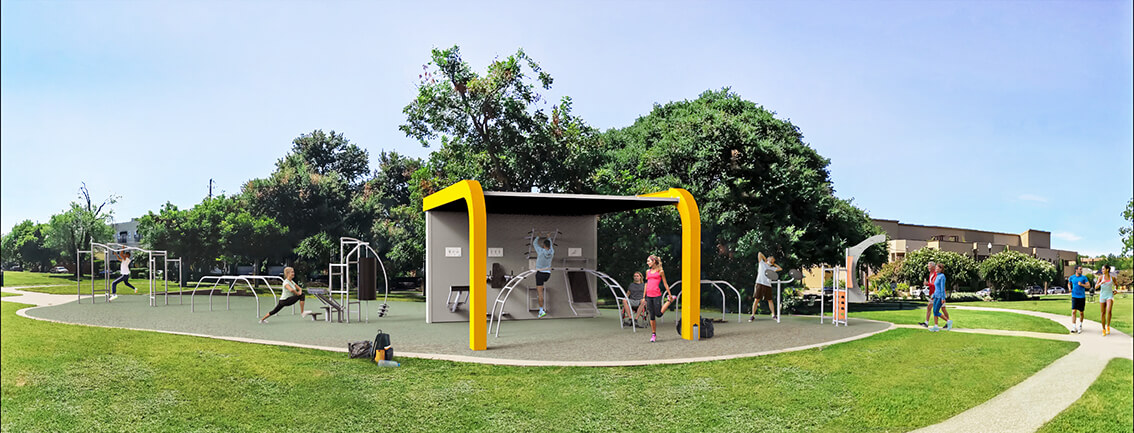 Ein Outdoor-Fitnessbereich im Park mit verschiedenen Trainingsgeräten und Personen beim Training unter freiem Himmel.