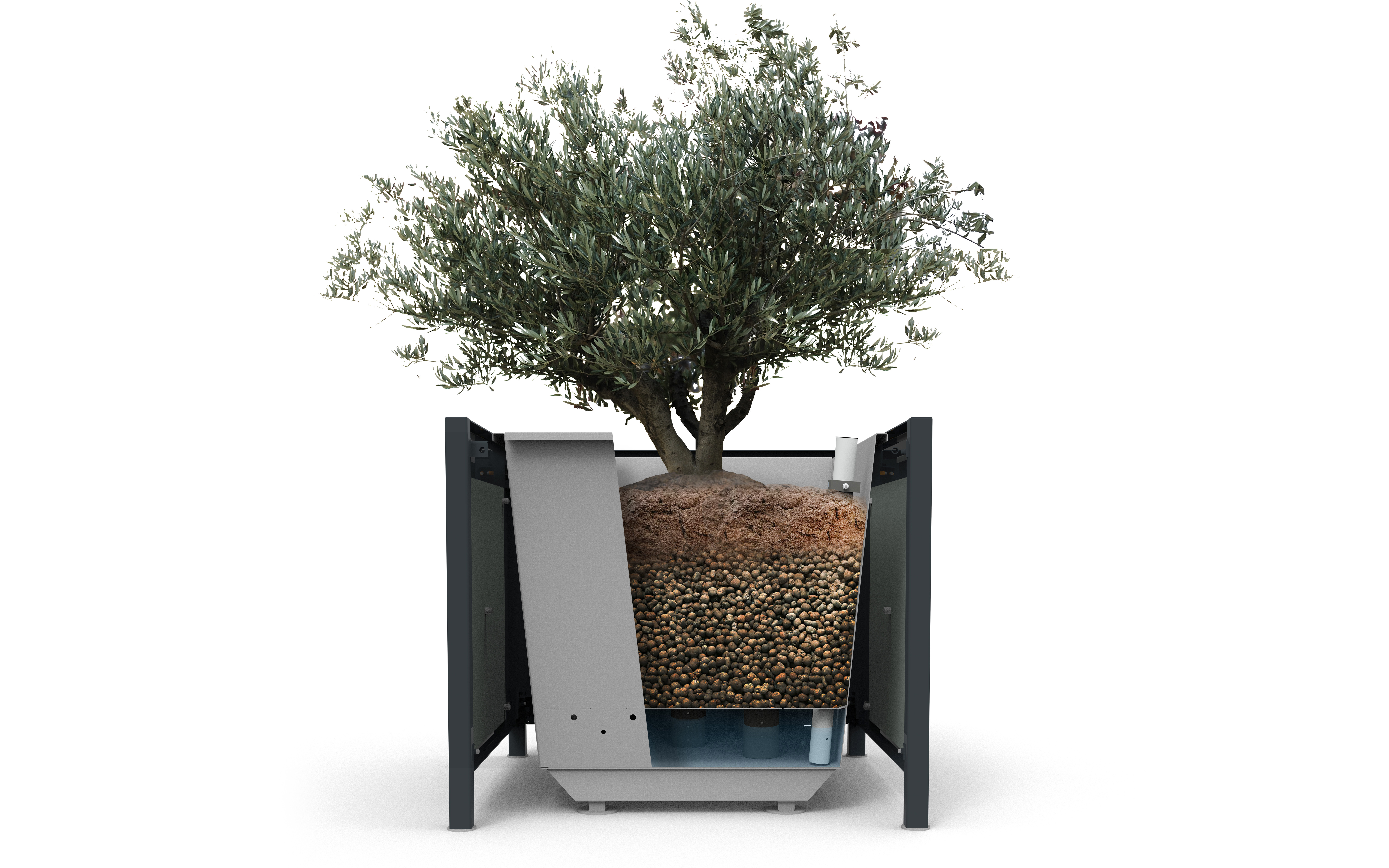 Ein offener Pflanzkübel mit einem Baum, Erde und Kies zeigt ein integriertes Bewässerungssystem.