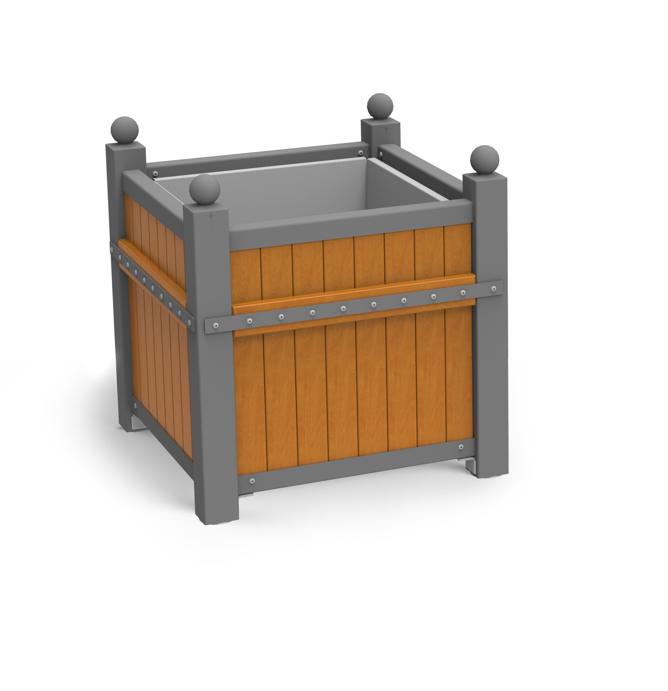 Quadratischer Pflanzkübel mit Holzpaneelen und Metallrahmen