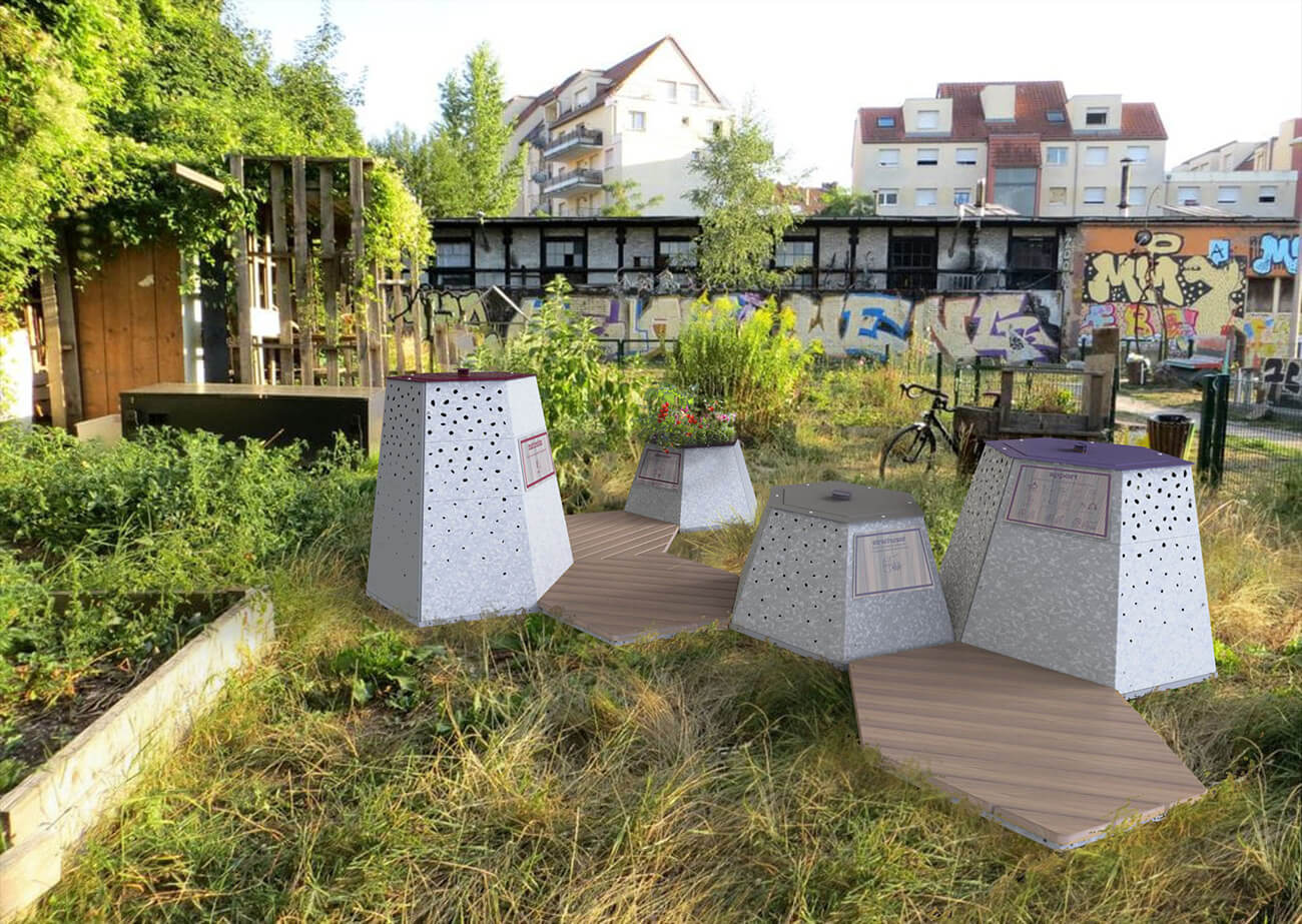 Un jardin communautaire urbain avec des bacs à plantes modernes et perforés, entouré de murs peints de graffitis et de bâtiments en arrière-plan.