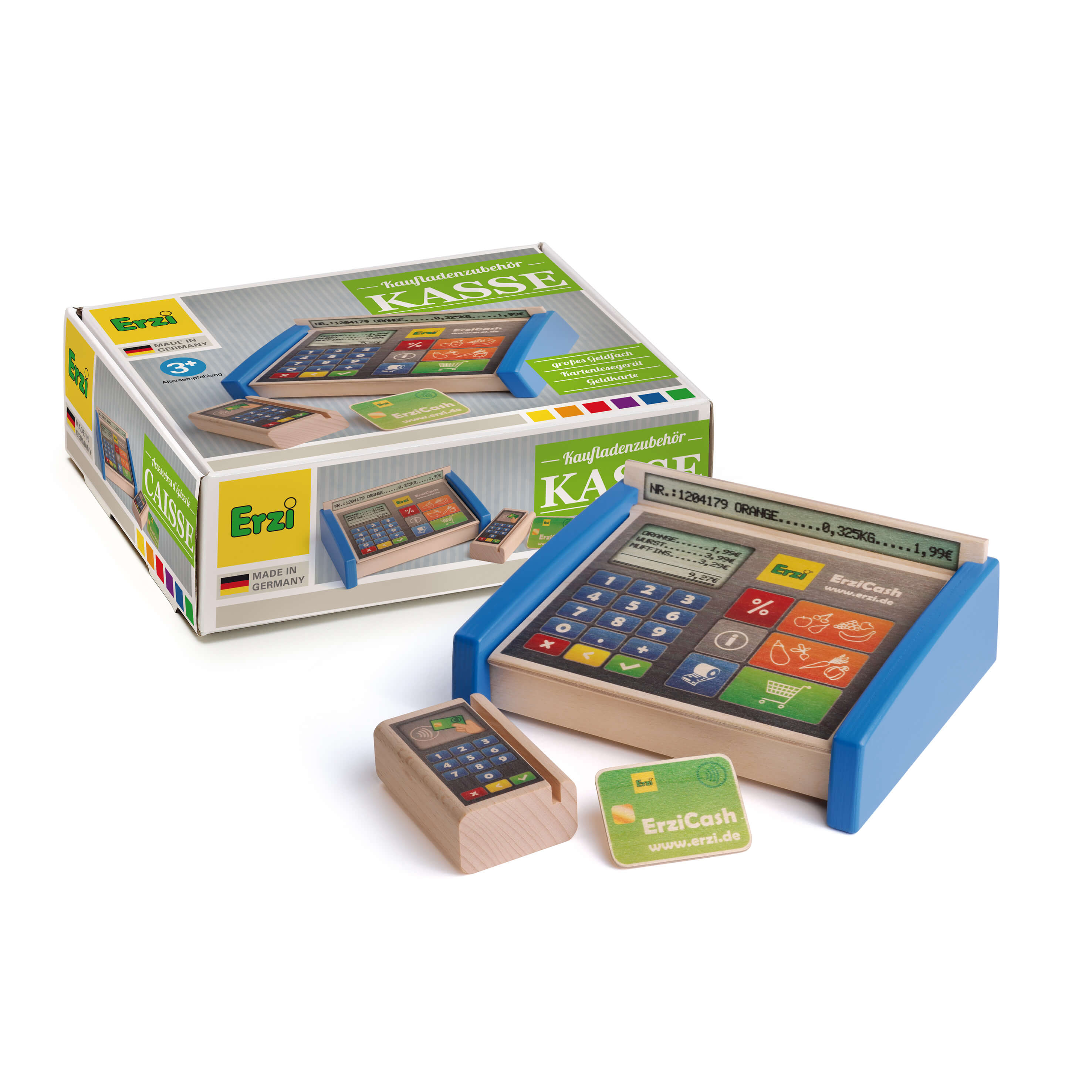 Set de Erzi Caisse de magasin en bois, avec ticket de caisse en bois et petit tiroir-caisse, convient aux enfants à partir de 3 ans, représenté avec son emballage