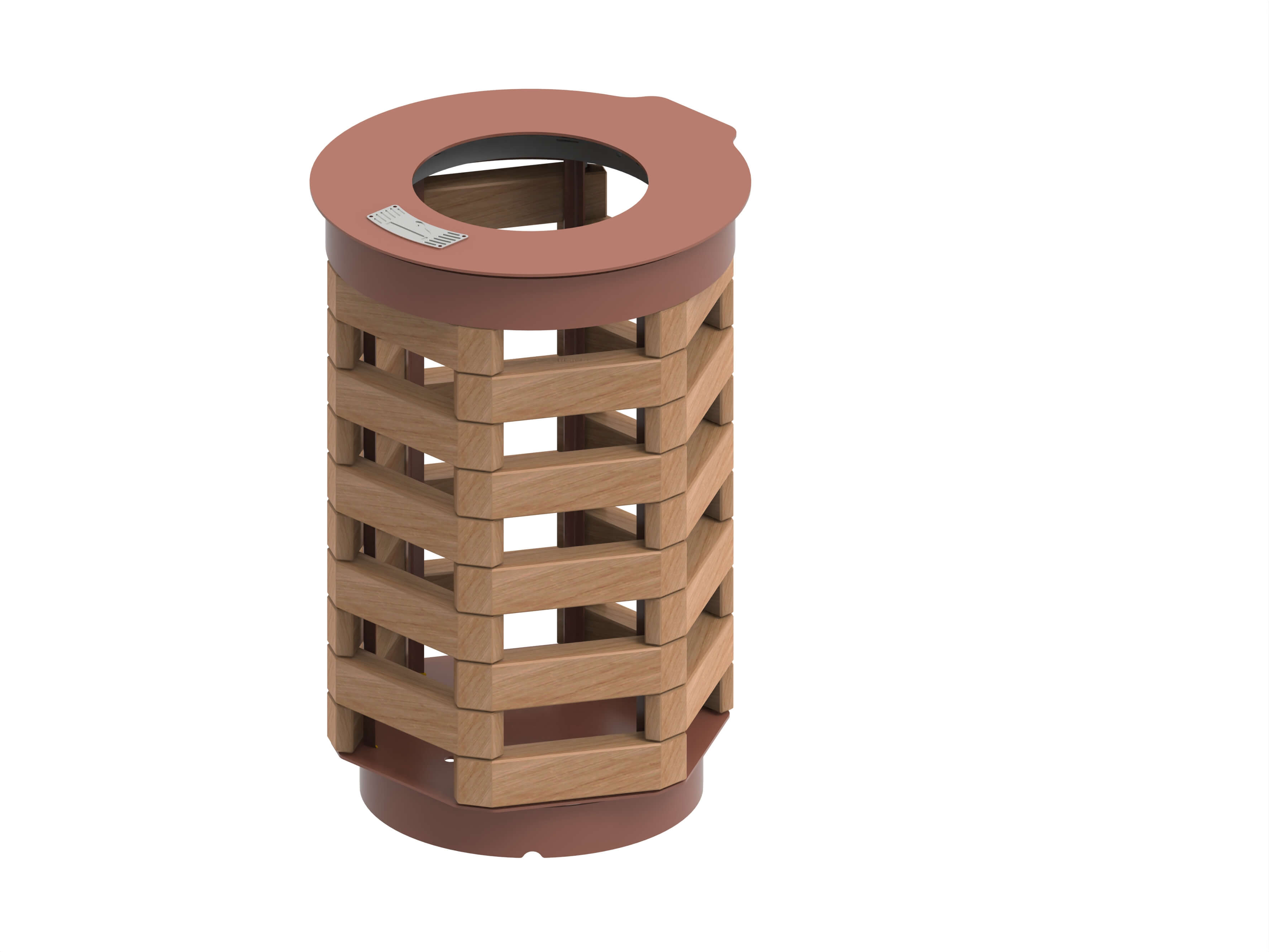 Corbeille ronde en bois et métal avec couvercle ouvert