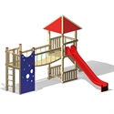 Abbildung eines Spielplatzes mit Kletterturm, roter Rutsche und blauer Kletterwand