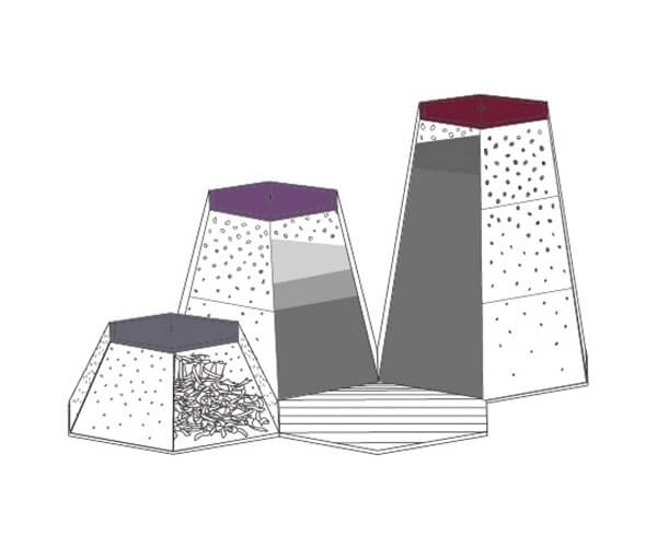Illustration de trois bacs à compost empilables de différentes tailles et couleurs pour un traitement écologique des déchets