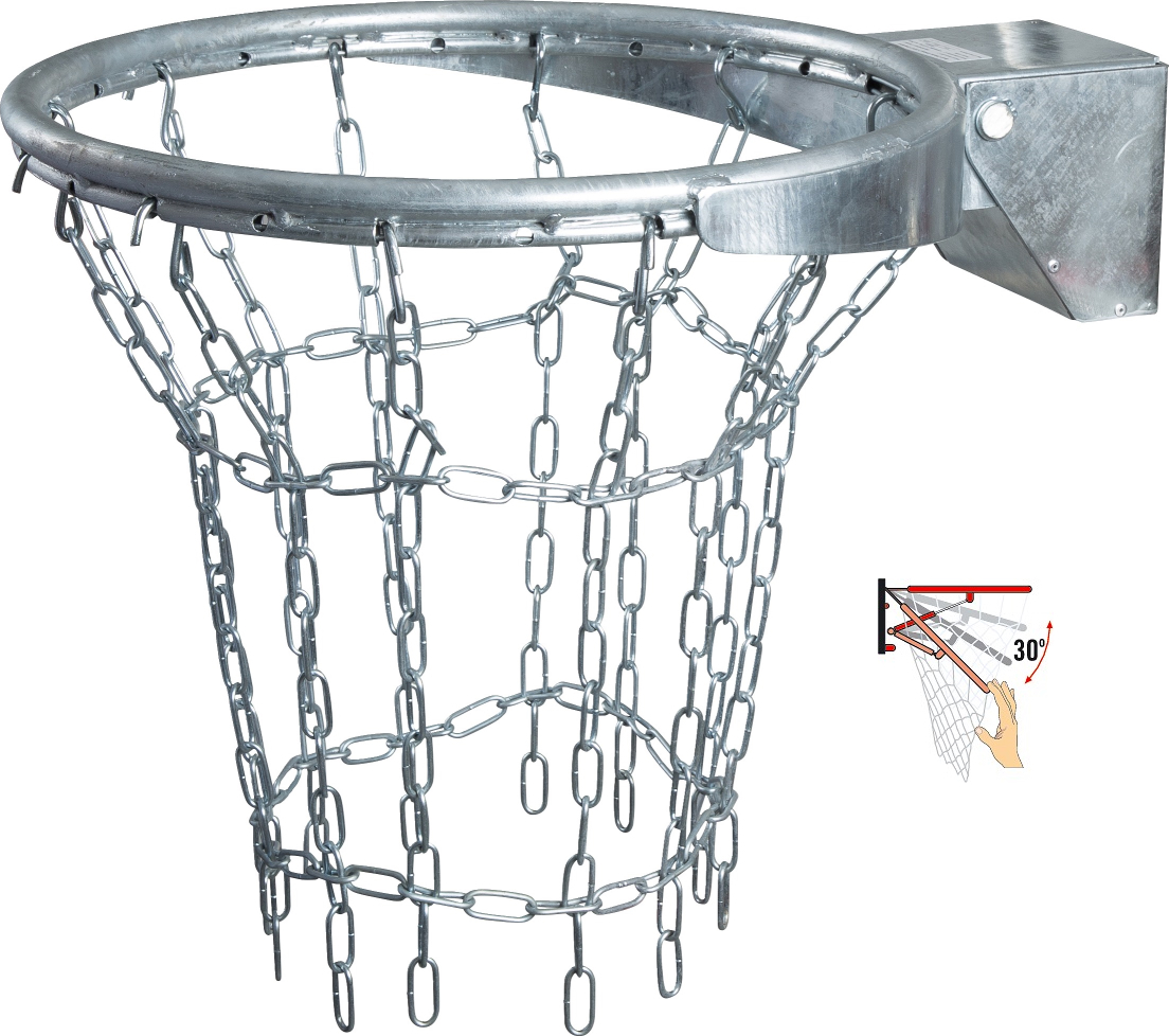 Robuster Basketballkorb mit einem haltbaren Kettennetz aus Metall, ideal für den Außenbereich, mit schwenkbarer Halterung