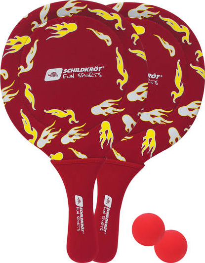 Zwei rote Schildkröt Fun Sports Strandtennisschläger mit Flammenmuster und zwei rote Bälle