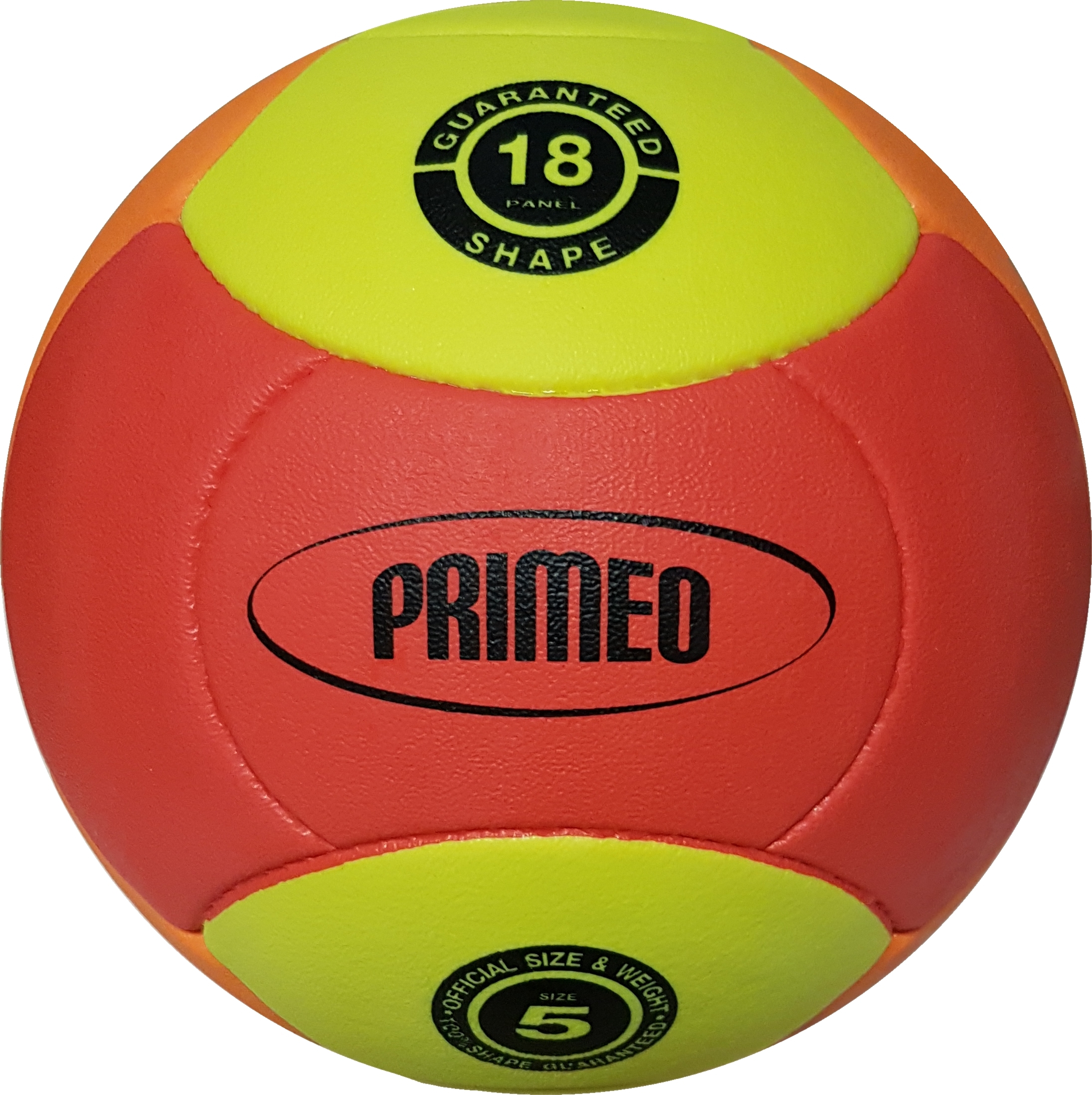 Volleyball e PRIMEo jaune et rouge de taille 5, avec conception à 18 panneaux et forme garantie