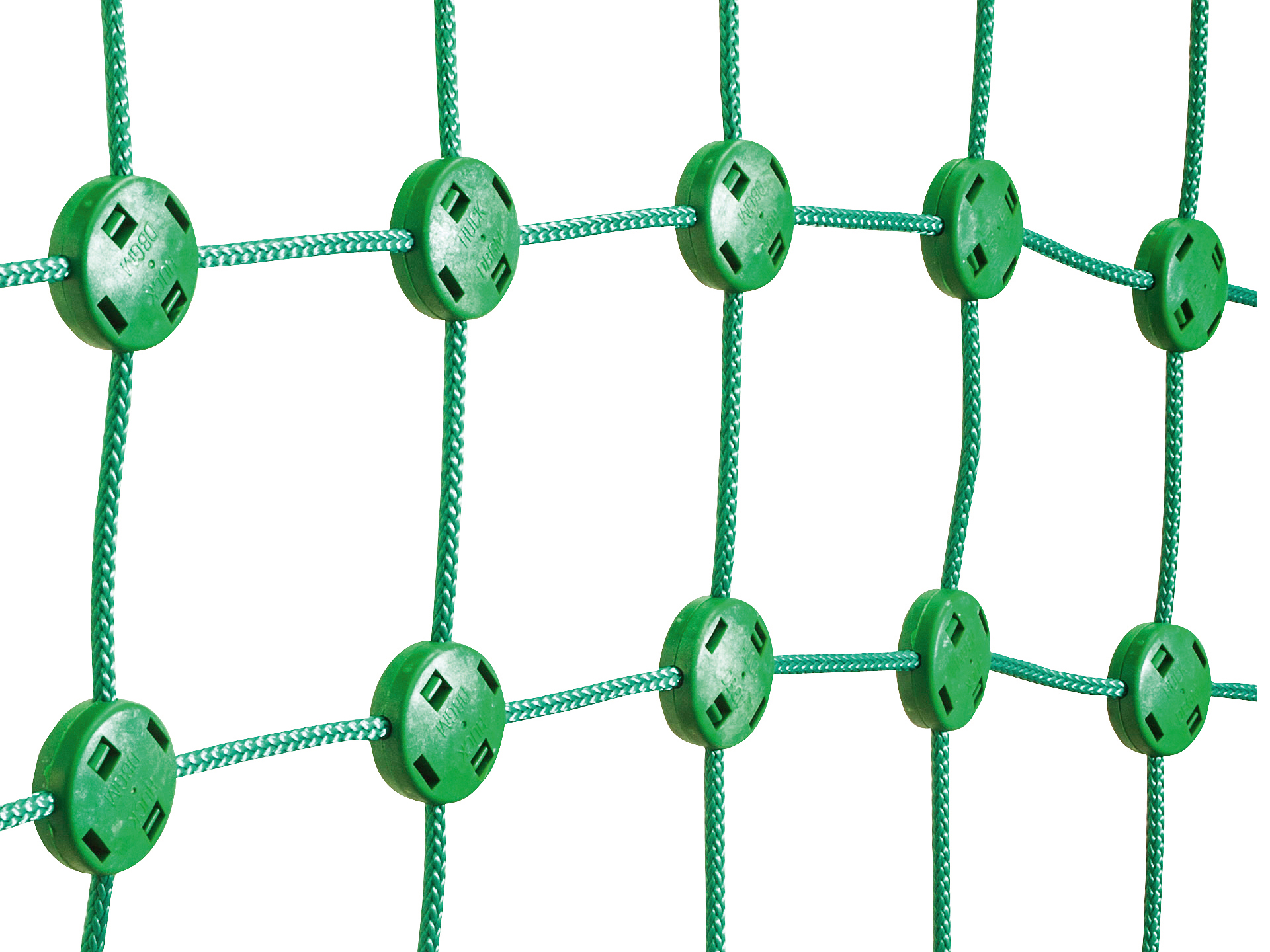 Detailansicht eines grünen Sicherheitsnetzes mit runden Kunststoffverbindern, ideal für Baustellen oder Schutzbereiche