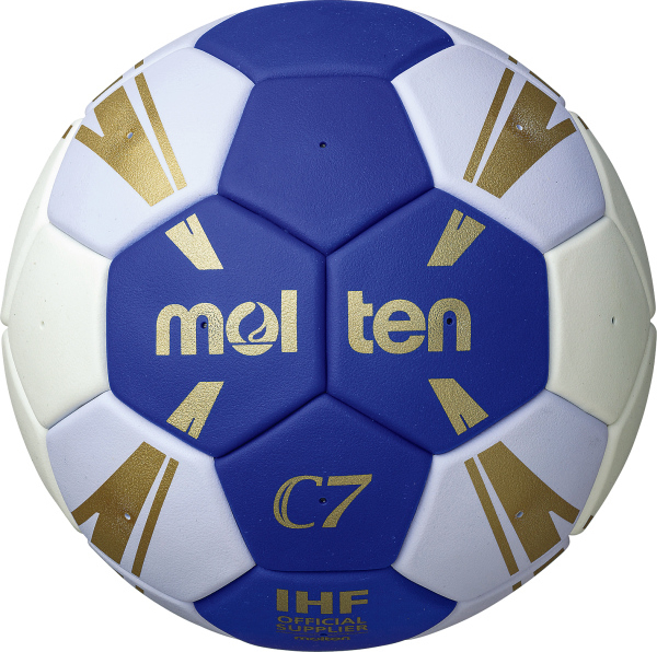 Blauer und weißer Molten C7 Handball mit goldenen Details, IHF Offizieller Lieferant