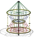 Klettergerüst in faszinierender Pyramidenform mit mehreren Ebenen und bunten Seilen, ideal für abenteuerlustige Kinder auf dem Spielplatz.