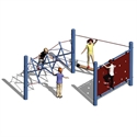 Kinder spielen auf einem Klettergerüst mit Kletternetz und Kletterwand im Freien