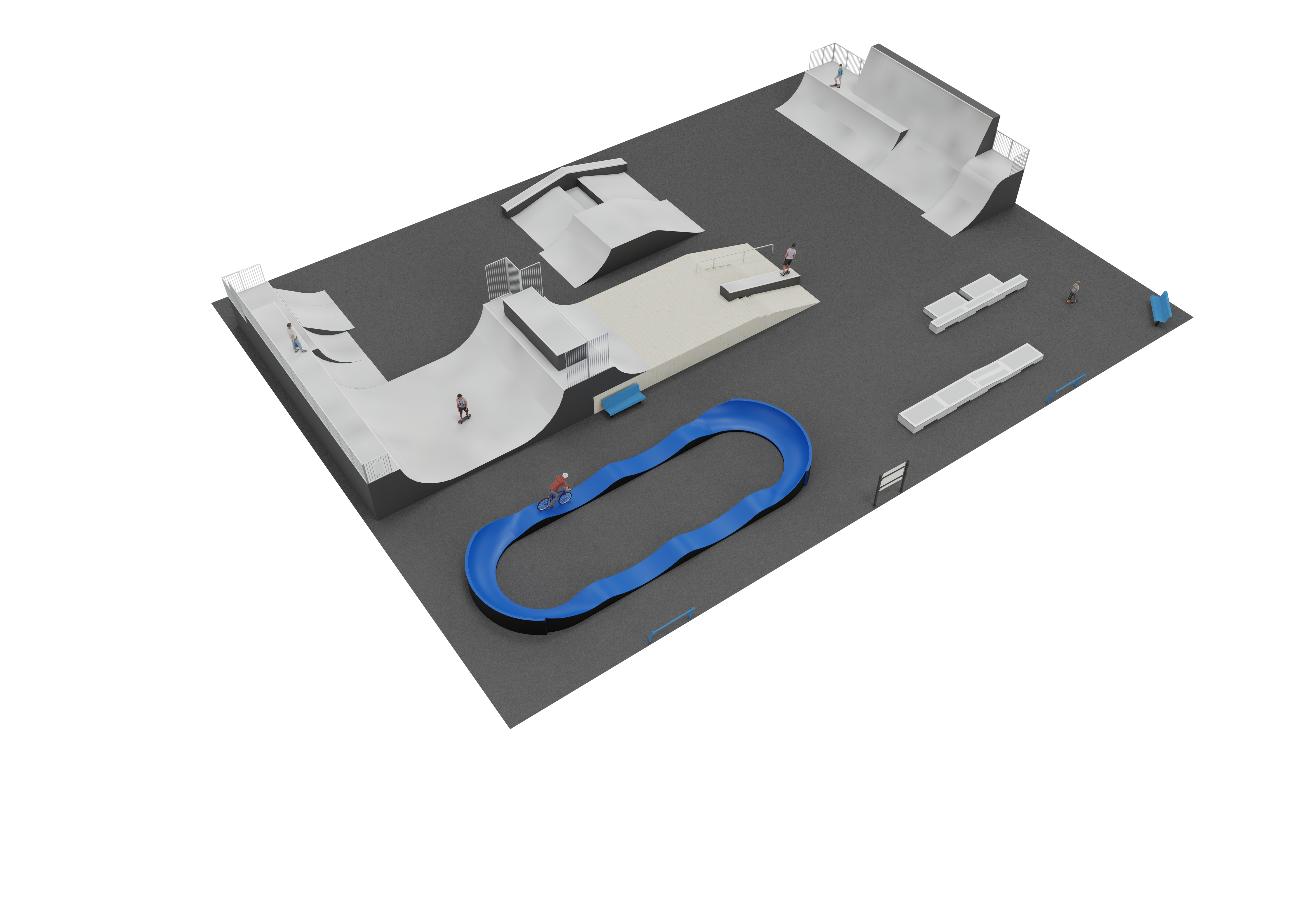 Visualisation d'un skatepark avec halfpipes, rampes et une pumptrack bleue pour skateboards et vélos.