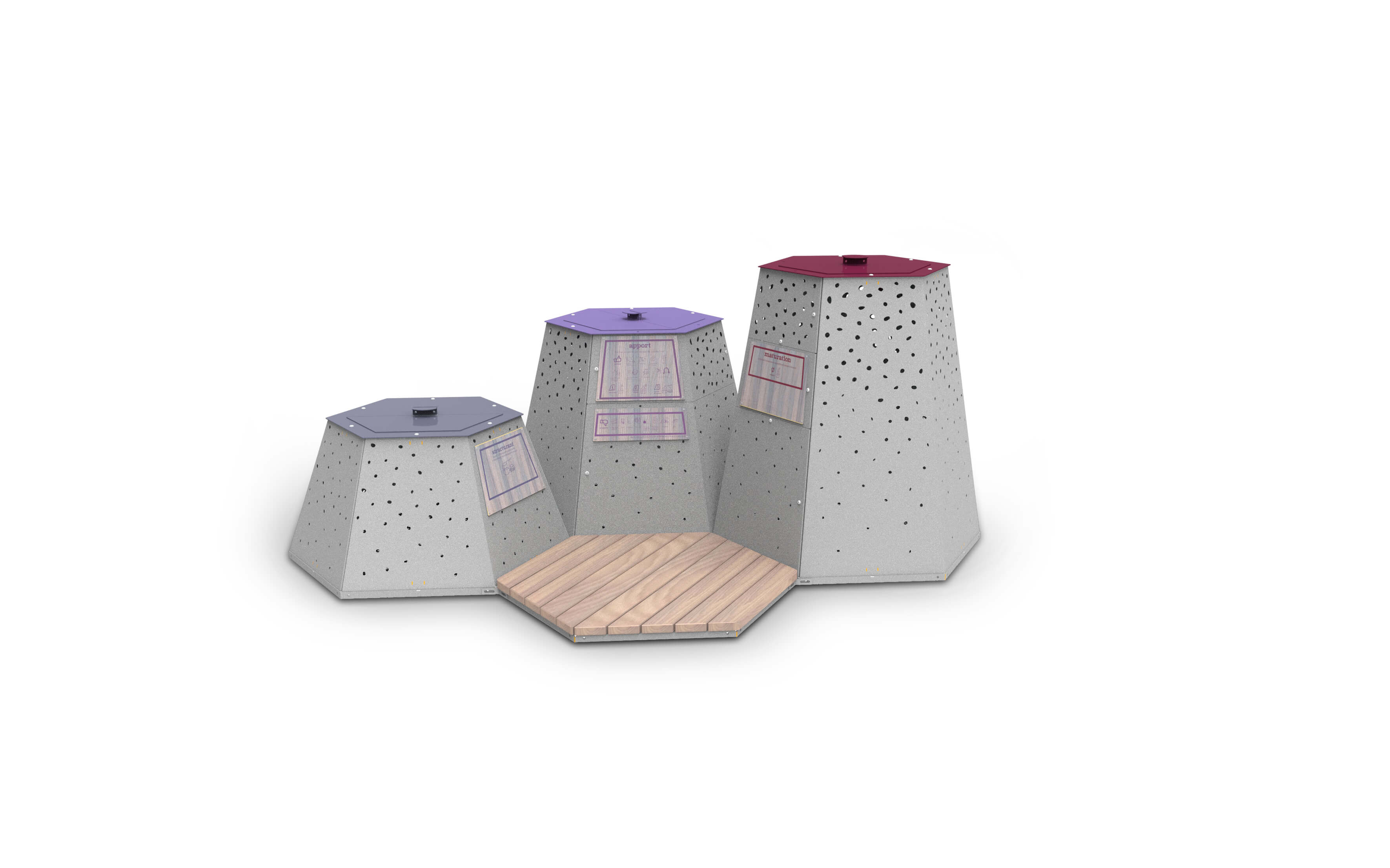Poubelle hexagonale en métal perforé avec des couvercles de différentes couleurs, à côté d'une plate-forme en bois