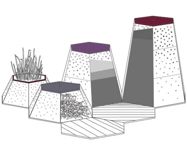 Dessin de différents bacs à plantes géométriques avec des plantes et des éléments décoratifs