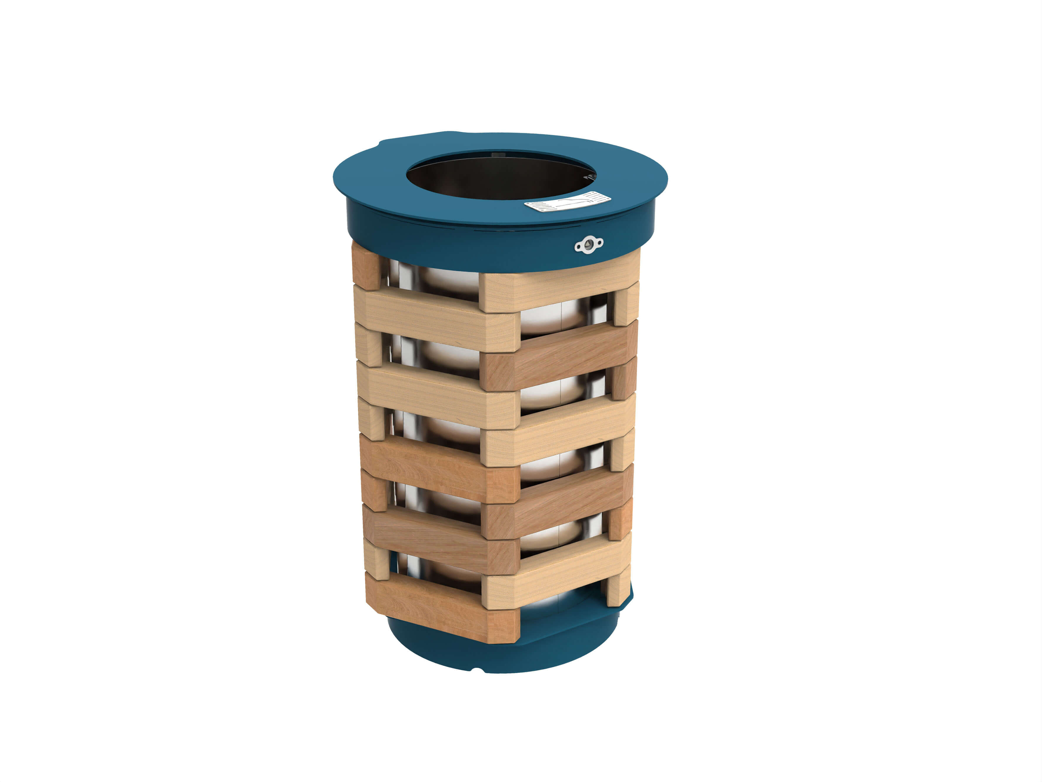 Poubelle moderne avec des éléments en bois empilés et un couvercle bleu