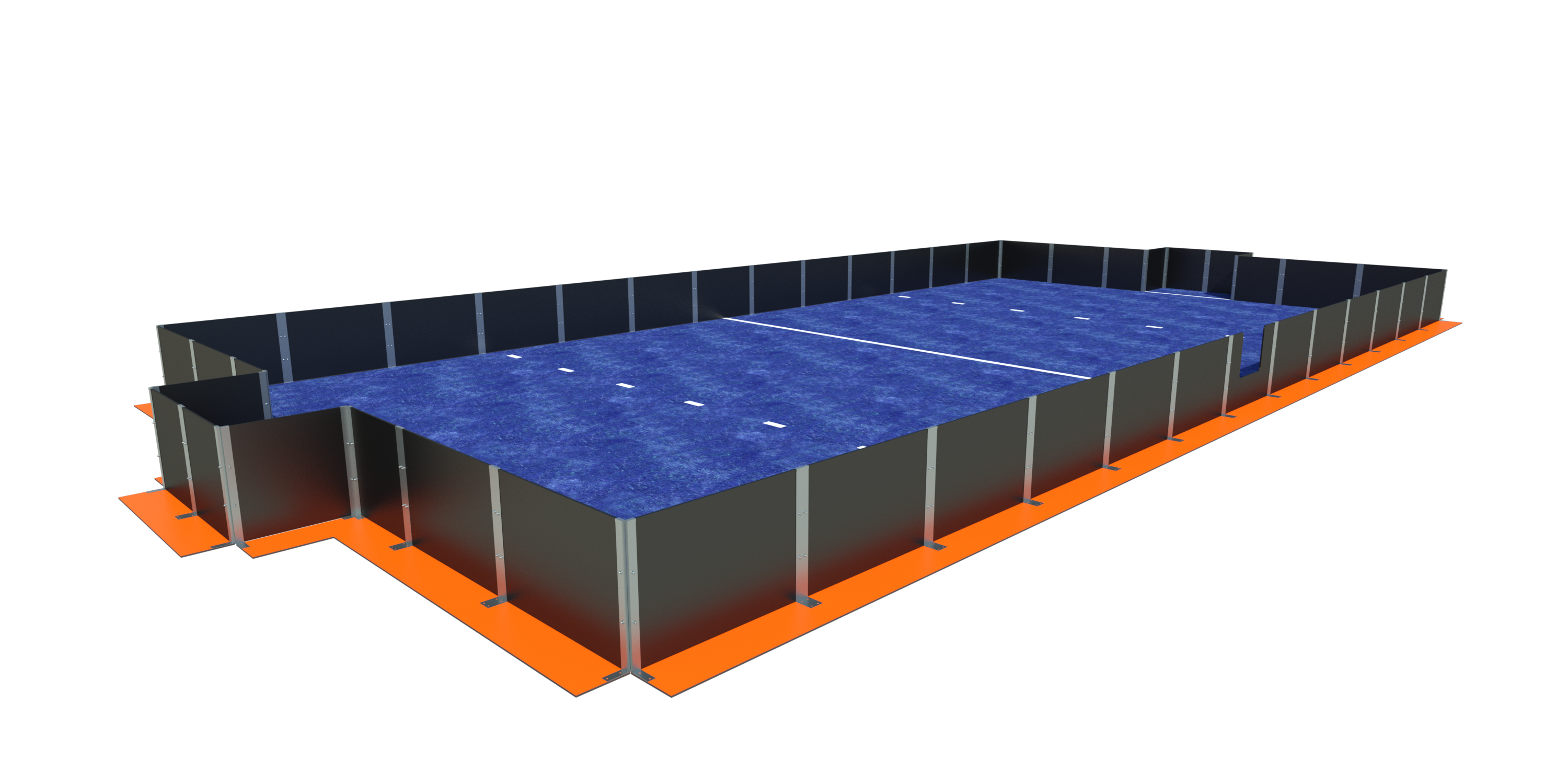 Rendu 3D d'un court de padel avec une surface de jeu bleue et une bordure orange
